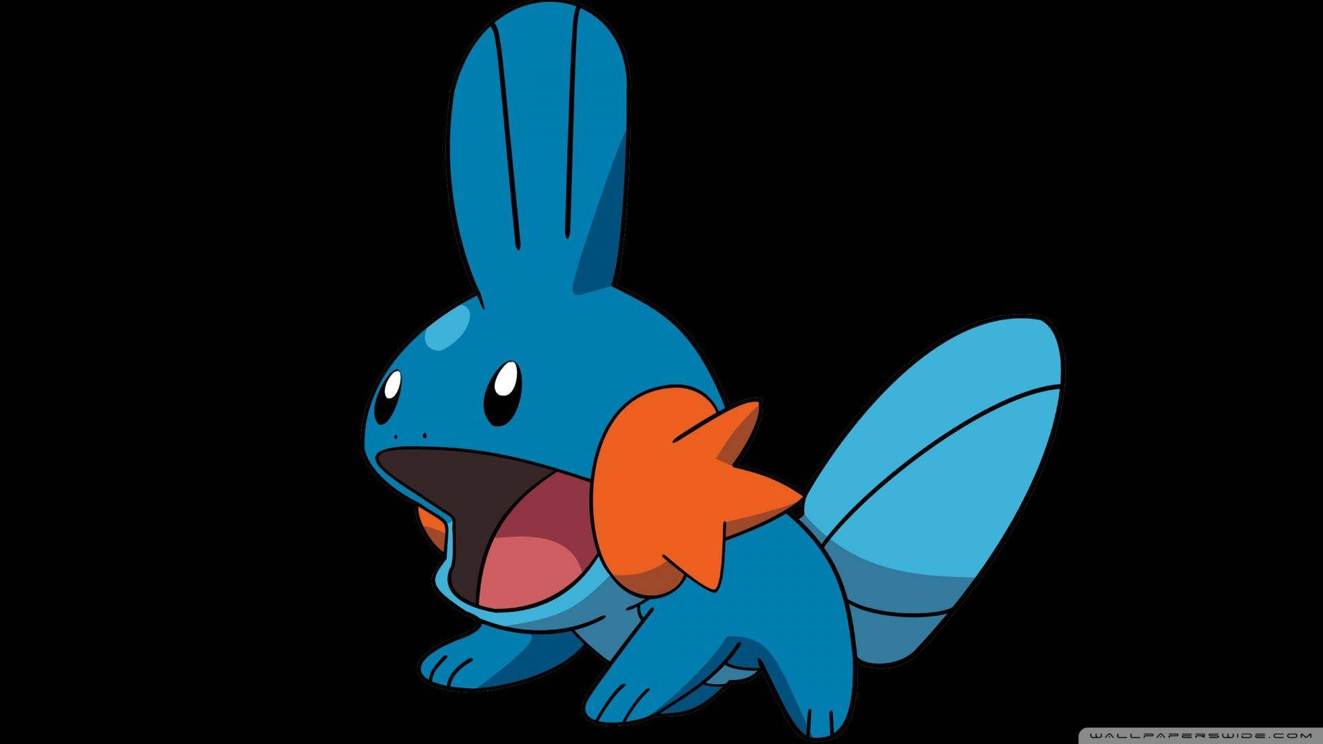 寶可夢世界中的可愛Mudkip 壁紙 — 一隻藍色卡通兔仔狀嘅寶可夢，頸上有橙色鰭，對住黑色背景張開大嘴。