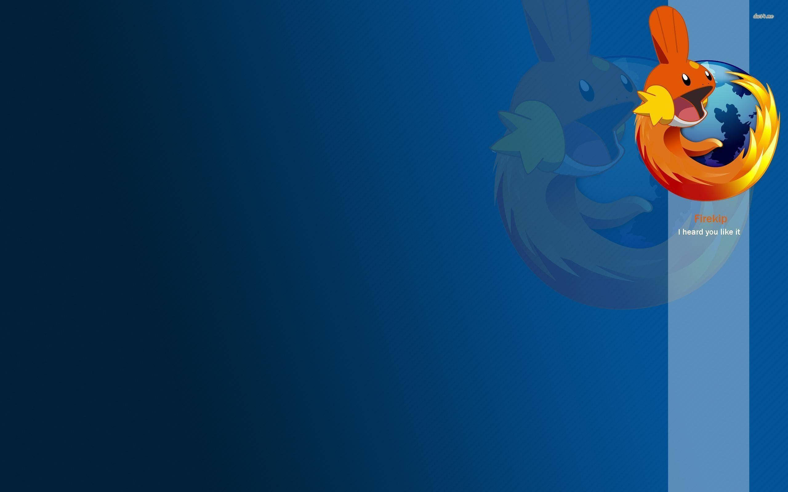 Mudkip與Mozilla Firefox 壁紙 — 一隻風格化的橙色狐狸拿著地球儀，背景是漸變藍色，帶有模糊的兔子剪影。