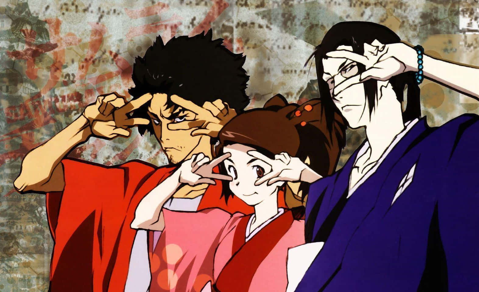 Mugen、Jin 與 Fuu 走過江戶街頭尋找向日葵武士 壁紙 — 三個穿著傳統長袍的動漫角色在紋理背景前將手靠近眼睛擺姿勢。