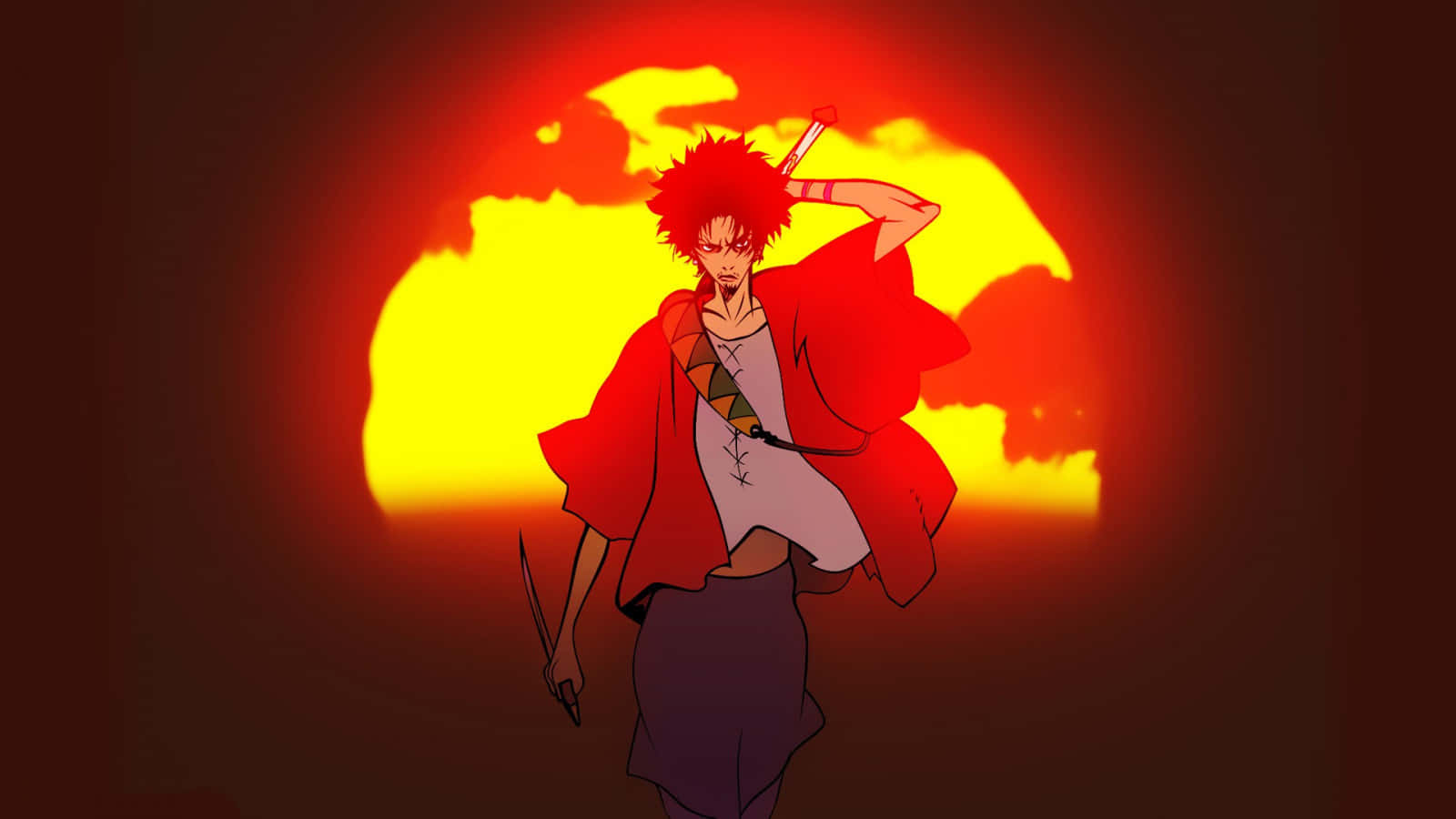 紅髮斗篷動漫戰士在熾熱夕陽下持劍。