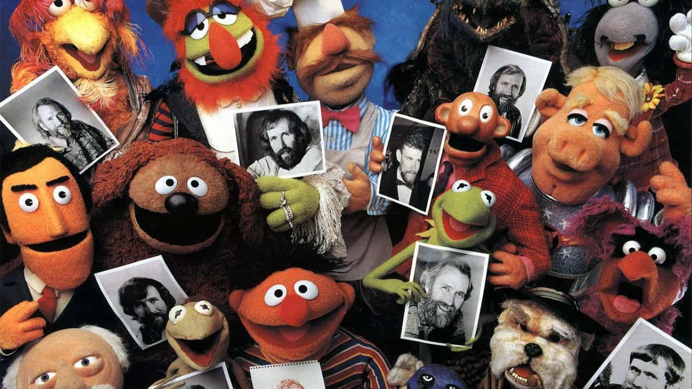  壁紙 — 一群色彩繽紛的Muppet角色愉快地舉起真實人物的黑白照片，背景為藍色。