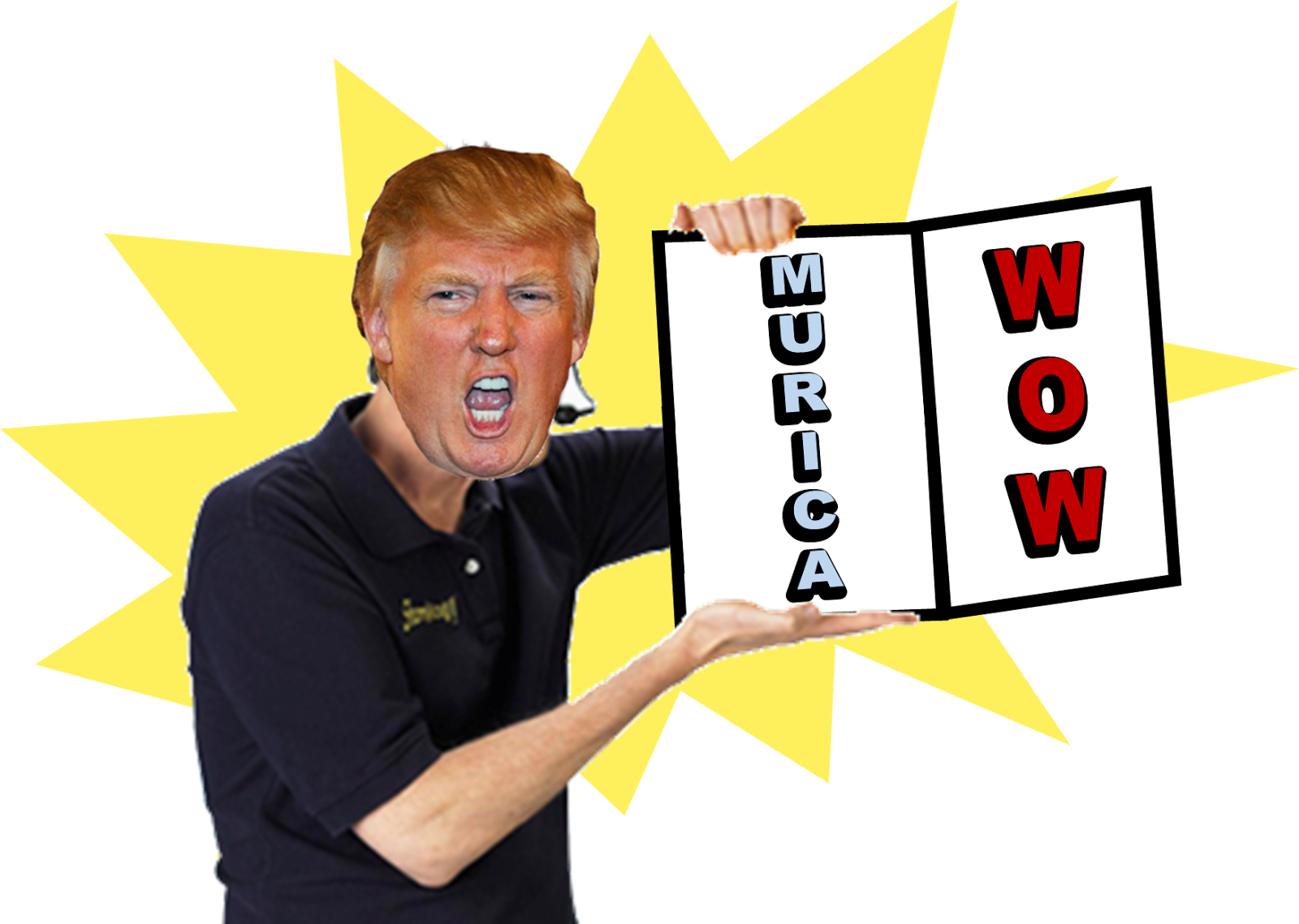 川普「MURICA WOW」迷因圖 壁紙 — 一個紅髮男人舉起寫有「MURICA」和「WOW」的標語牌，在黃色星爆背景下大喊。