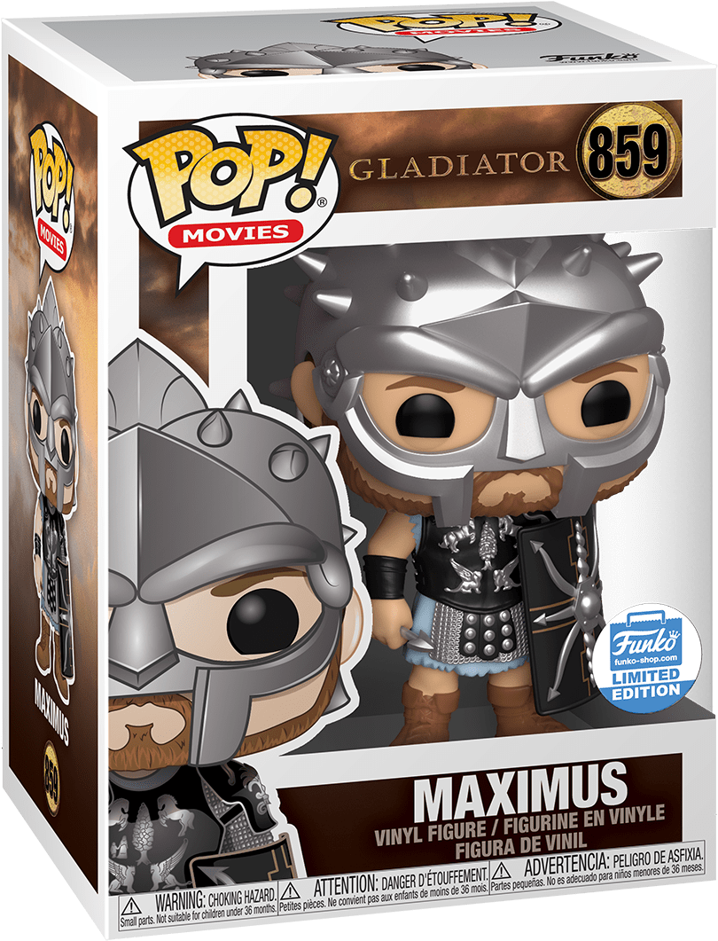 《角鬥士》馬克西mus Funko Pop 限量版 壁紙 — 來自《帝國驕雄》的Maximus Funko Pop! 軟膠公仔，身穿標誌性盔甲和頭盔，展示於收藏盒中。