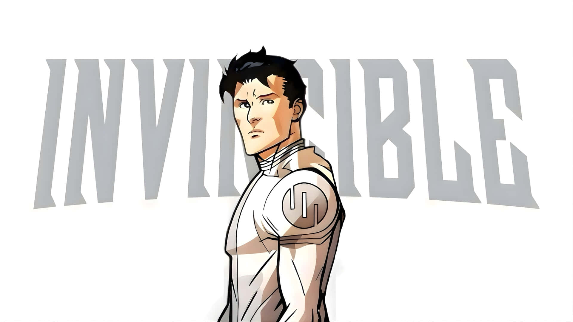 身穿白色西裝、帶有「U」標誌的動漫超級英雄站在「INVINCIBLE」文字前。 — 無敵 壁紙