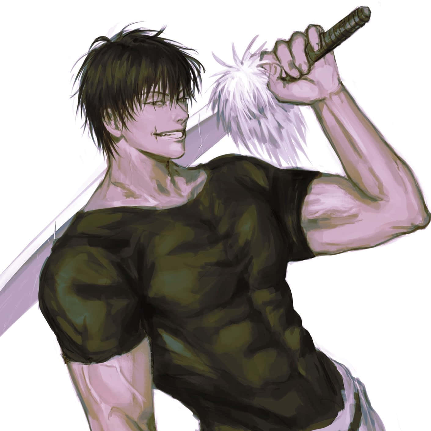  壁紙 — 一個肌肉發達的動漫男人，深色頭髮，手持一把帶有蓬鬆白色劍柄的劍，在純白色背景上咧嘴笑。