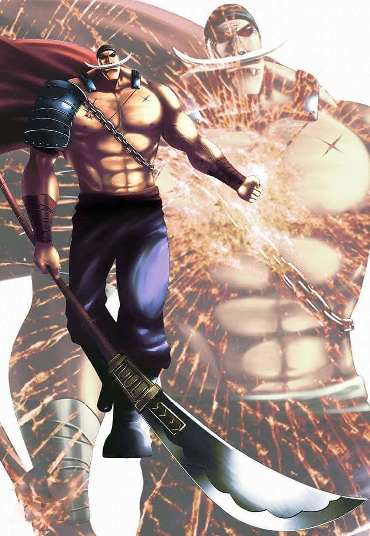 動漫戰士，披著紅色斗篷和鎖子甲，揮舞著一把巨大的彎刀。