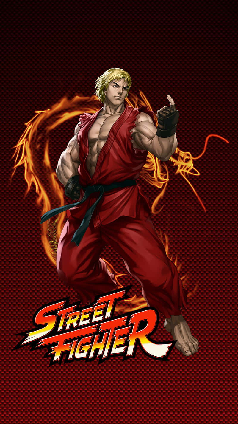  壁紙 — 一位肌肉發達的金髮戰士身穿紅色道服，在深紅色棋盤格背景前擺出架勢，散發出熾熱的龍之氣場。