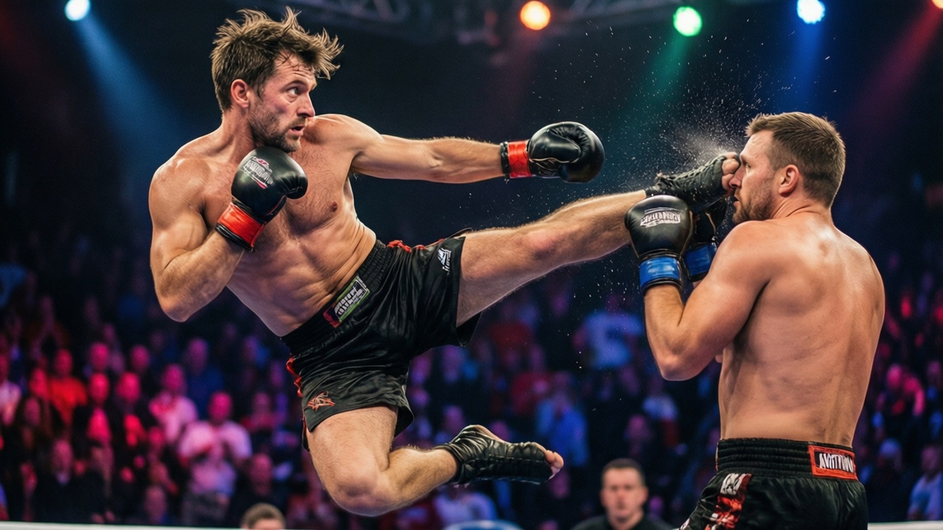 High Kick Impact 壁紙 — 一名肌肉發達的拳手在燈光明亮的競技場中，向對手踢出一記高踢，觀眾歡呼。
