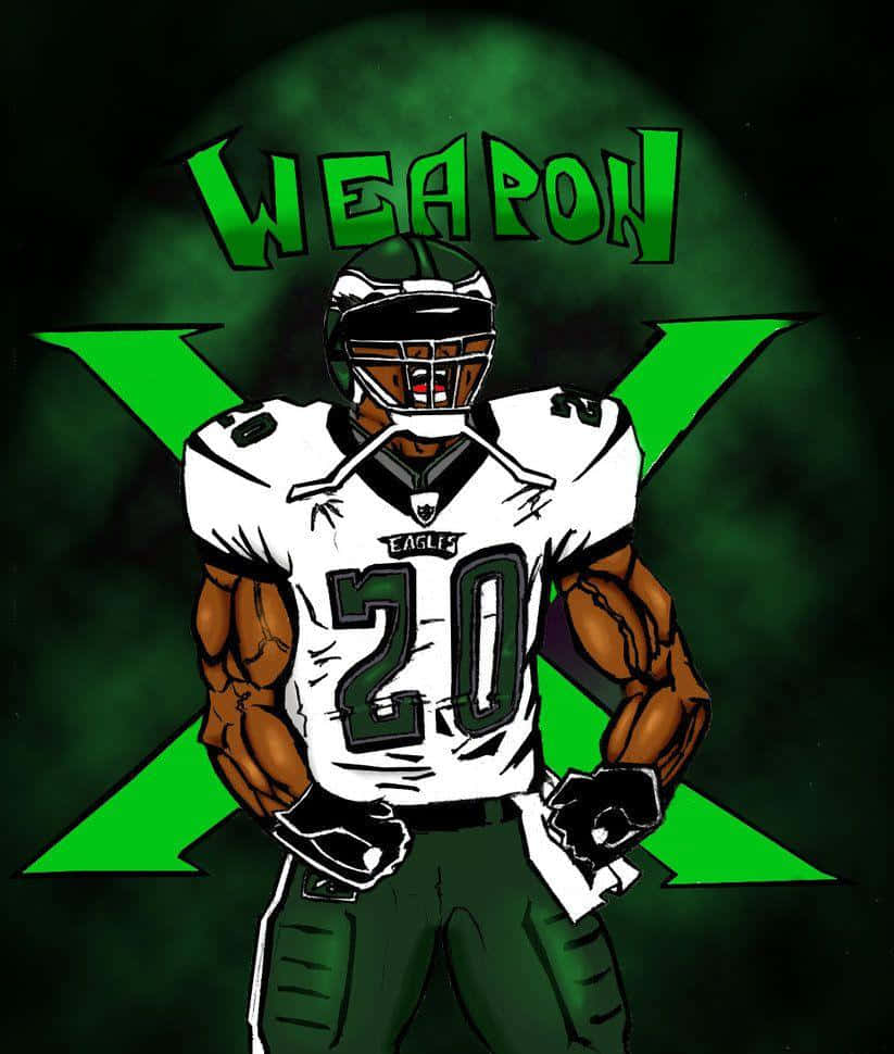  壁紙 — 一名肌肉發達的足球運動員身穿Eagles 20號球衣，自信地站在深綠色背景前，帶有發光的綠色「WEAPON」文字和X標誌。