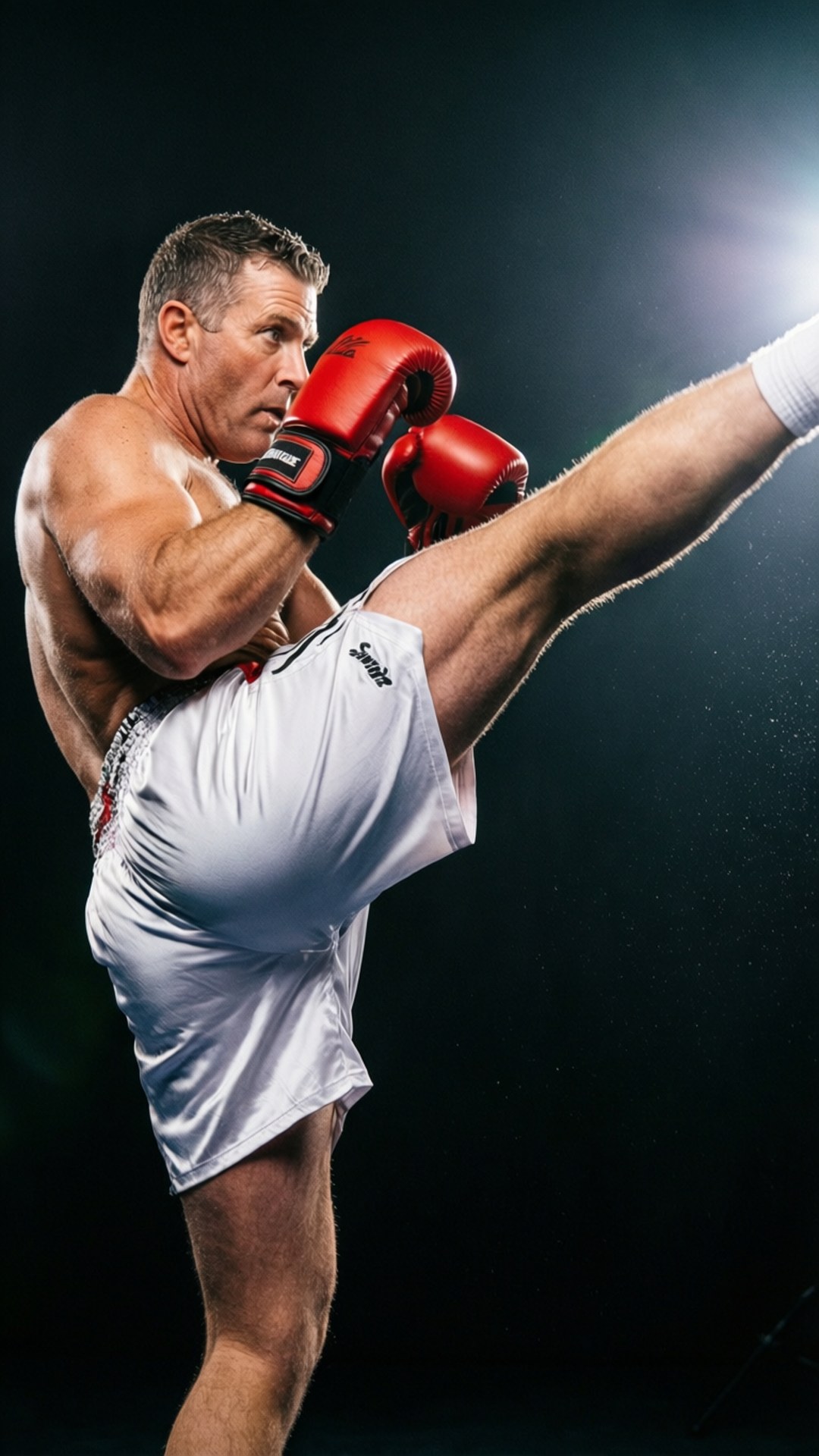 High Kick Precision 壁紙 — 一個肌肉發達的男人，戴著紅色手套和白色短褲，在黑暗的攝影棚背景下，以戲劇性的燈光執行強力的高踢。