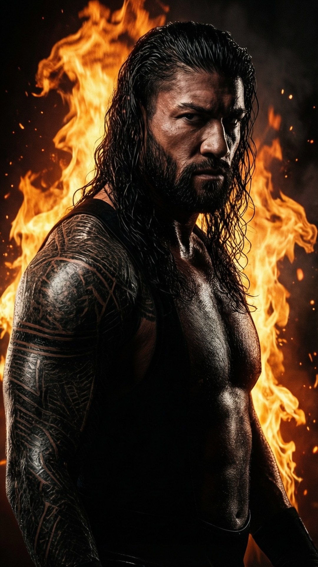 Roman Reigns 桌布 壁紙 — 一個肌肉發達、留著深色長髮並有紋身的男人，在咆哮的橙色火焰背景下挑釁地站立。