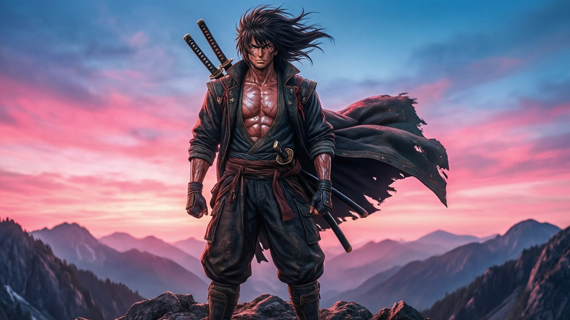 Fortnite HD 桌布 壁紙 — 一位肌肉發達的武士，擁有狂野的頭髮和雙刀，站在山頂上，背景是充滿活力的粉紅色和藍色日落天空。