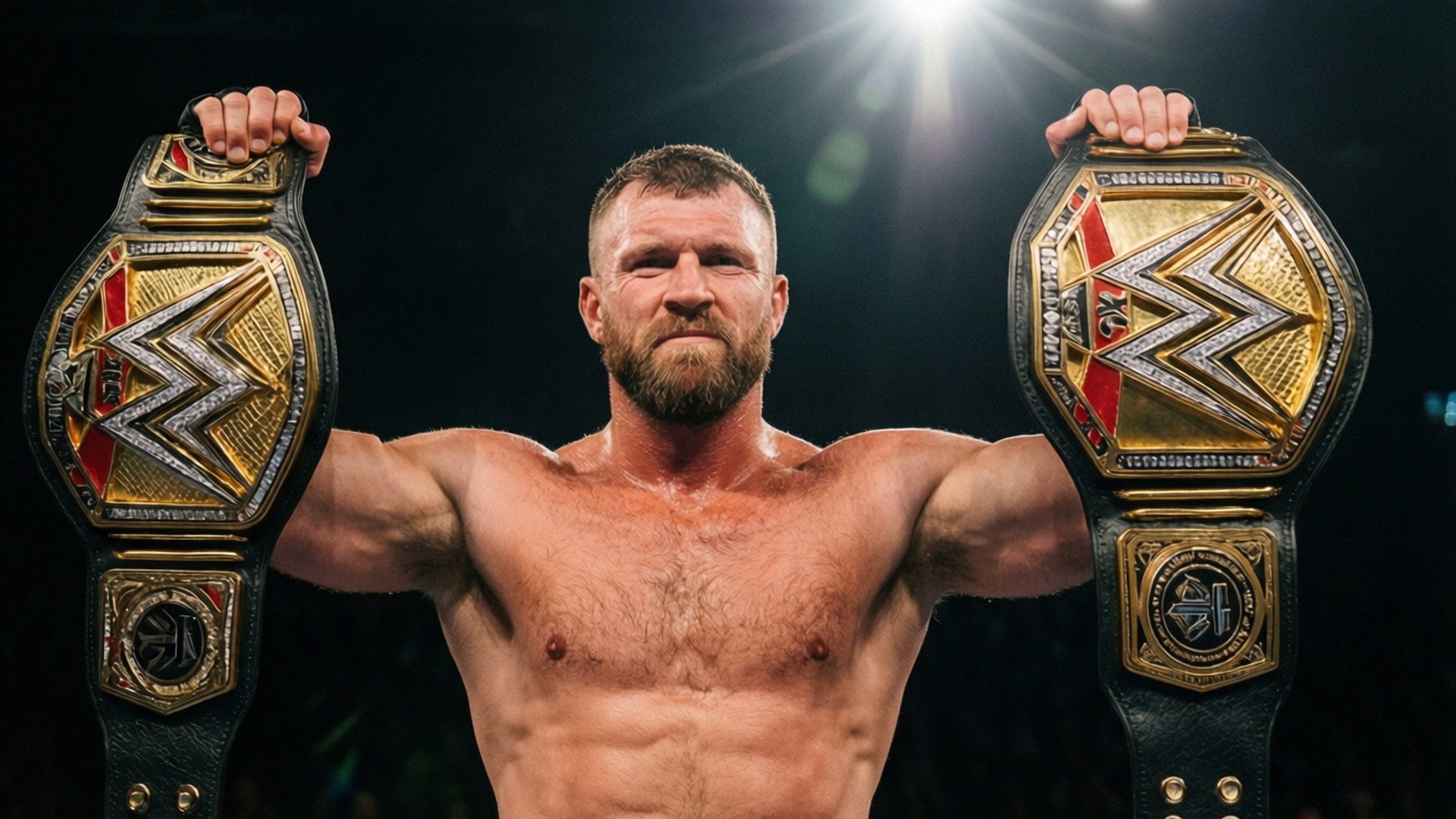 Ivan Putski 桌布 壁紙 — 一位留鬍子的肌肉摔角手在明亮的場館燈光下自豪地高舉兩條WWE冠軍腰帶。