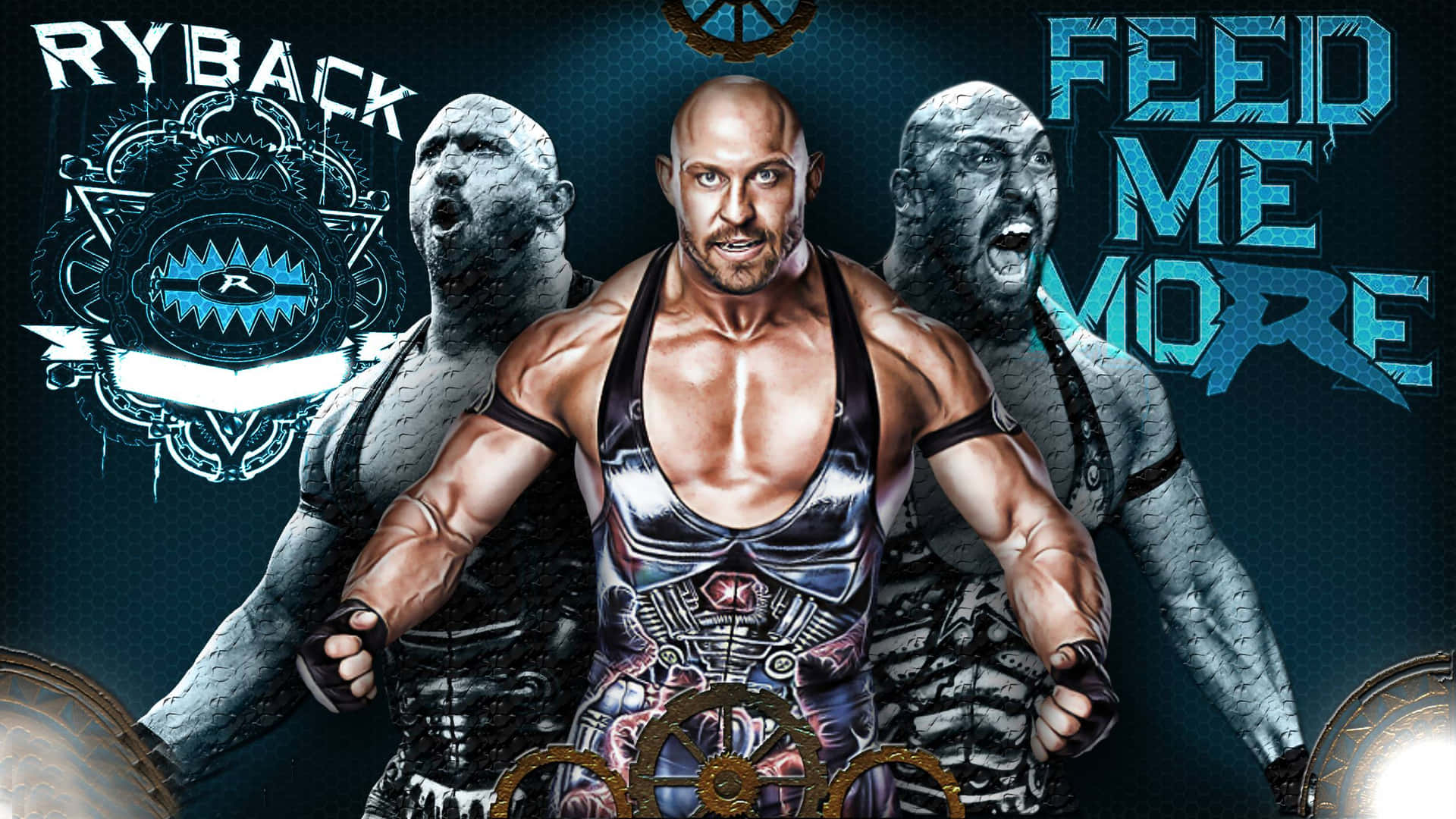 摔角手 Ryback 與惡魔形象及「Feed Me More」文字在宣傳圖像中。