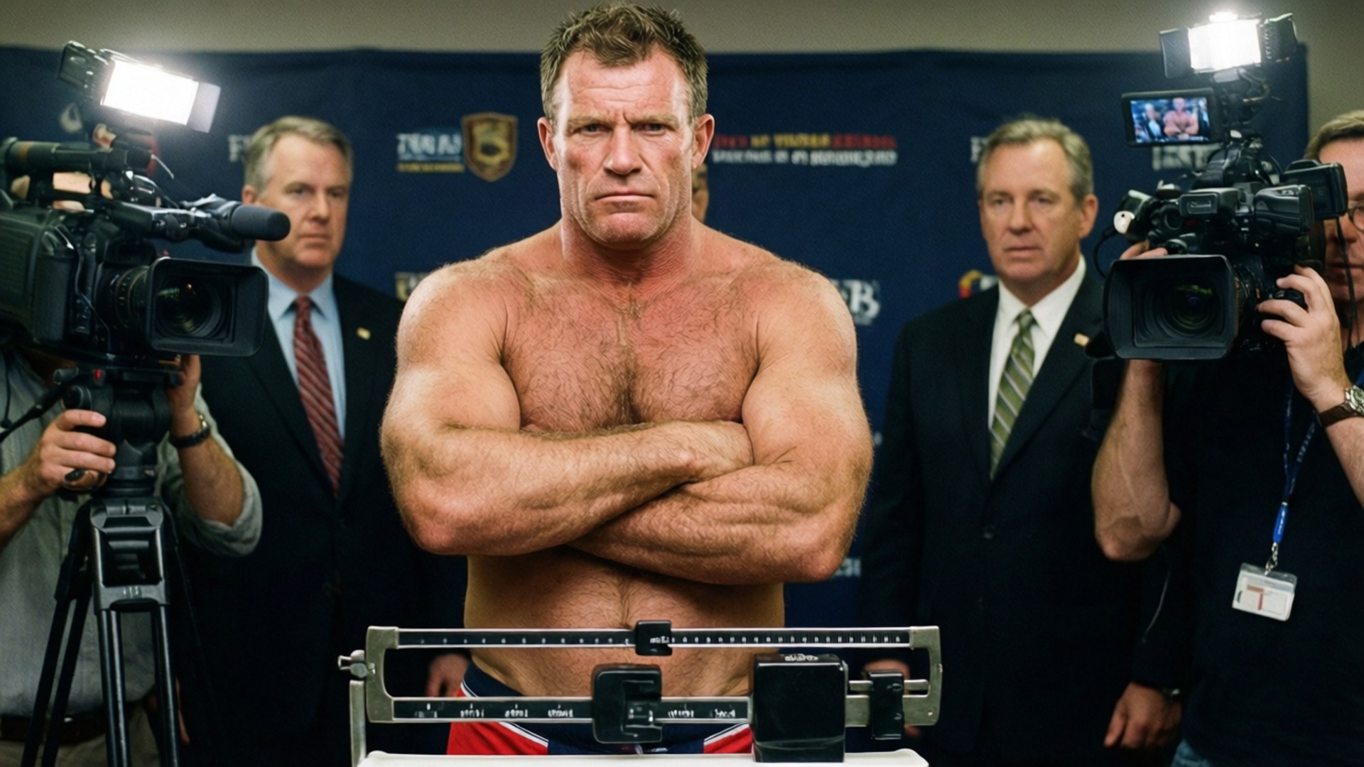 Weigh In Stare 壁紙 — 一位肌肉發達的摔角手赤裸上身，雙手交叉站在磅秤上，周圍有相機和官員在記者室內包圍著他。