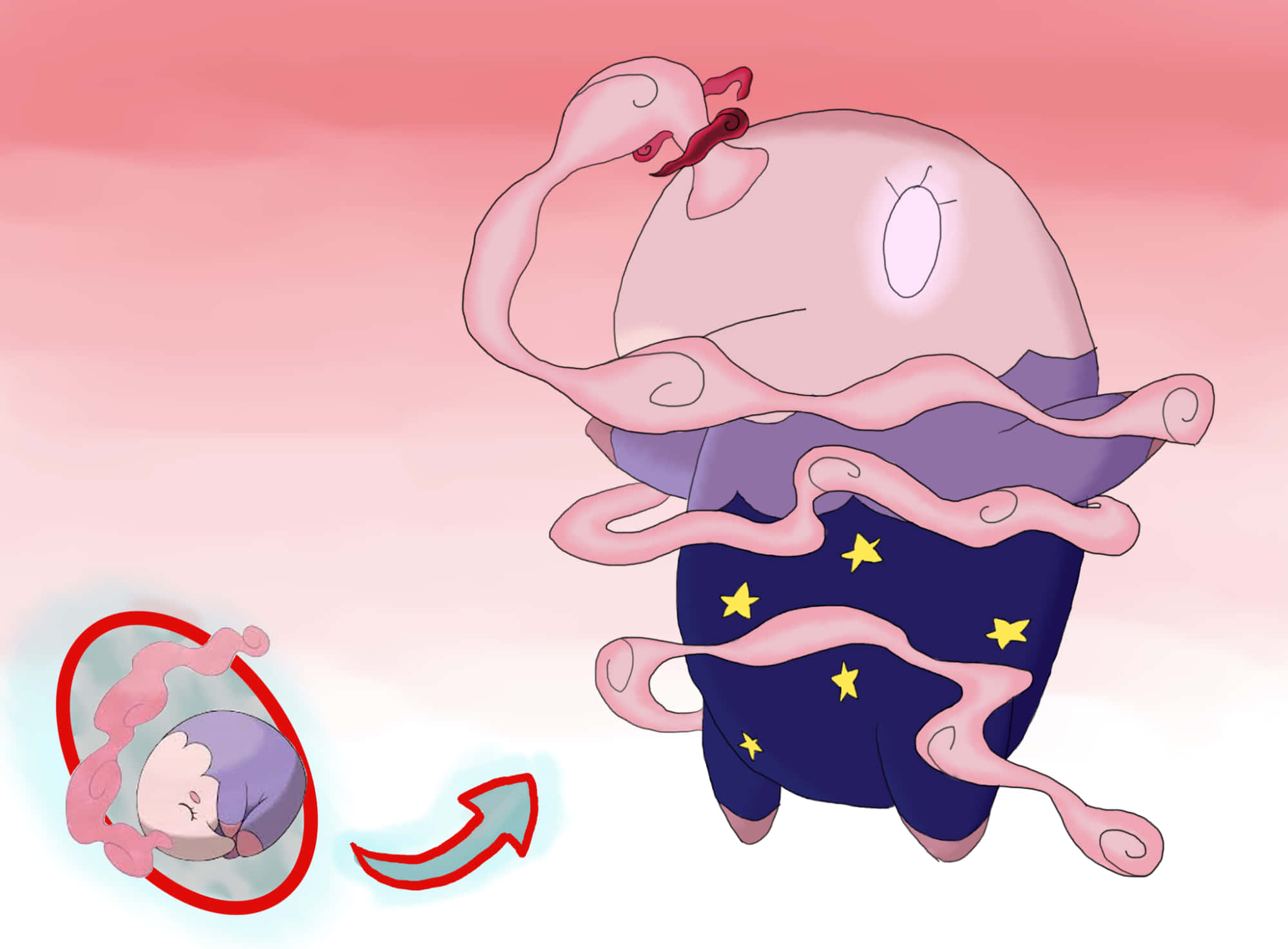 穿星星睡衣的 Musharna 壁紙 — 一隻可愛的粉紅色章魚狀生物，穿著星星圖案的褲子，在柔和的粉紅色漸變背景上輕輕漂浮。