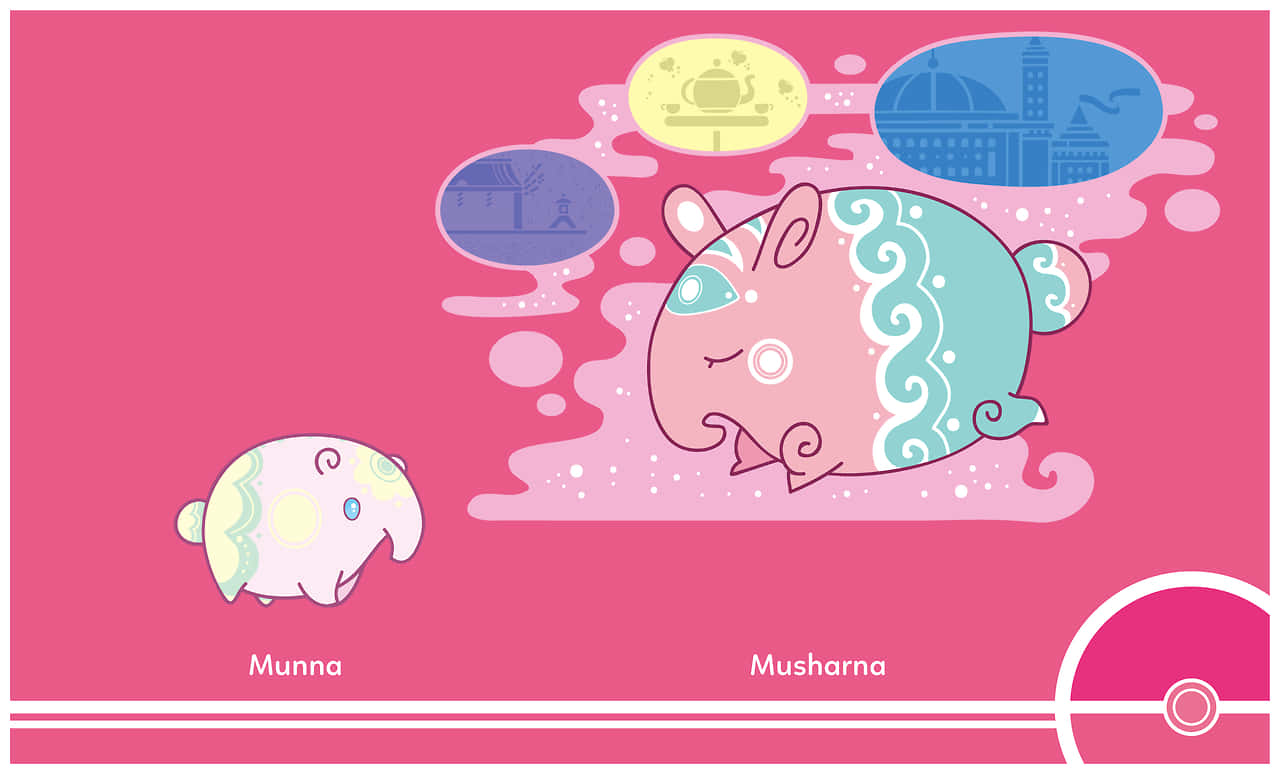 色彩繽紛的 Musharna 與 Munna 藝術 壁紙 — 兩隻可愛的粉紅色和藍綠色卡通寵物小精靈漂浮在夢幻般的粉紅色空間中，帶有顯示茶和城市景觀的對話氣泡。