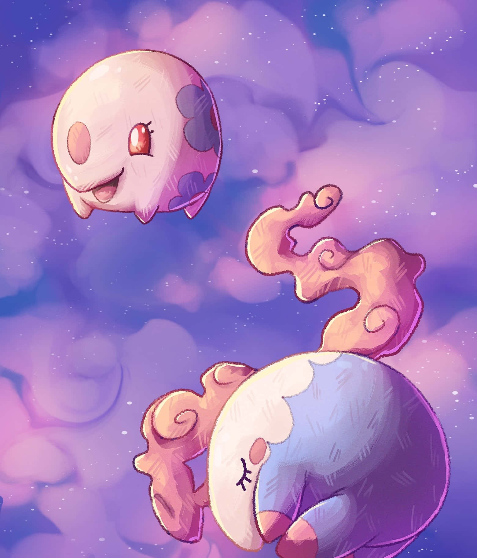 Musharna 與 Munna 浮空 壁紙 — 兩隻可愛嘅鬼魂般嘅小精靈喺夢幻紫色星空同旋轉雲層中平靜咁漂浮。
