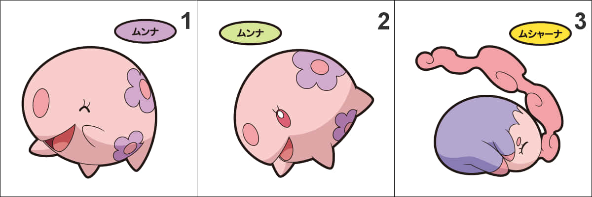 Musharna 與 Munna 漫畫條 壁紙 — 三個可愛的粉紅色 Pokémon 角色排成一排，展示不同的表情和形態。