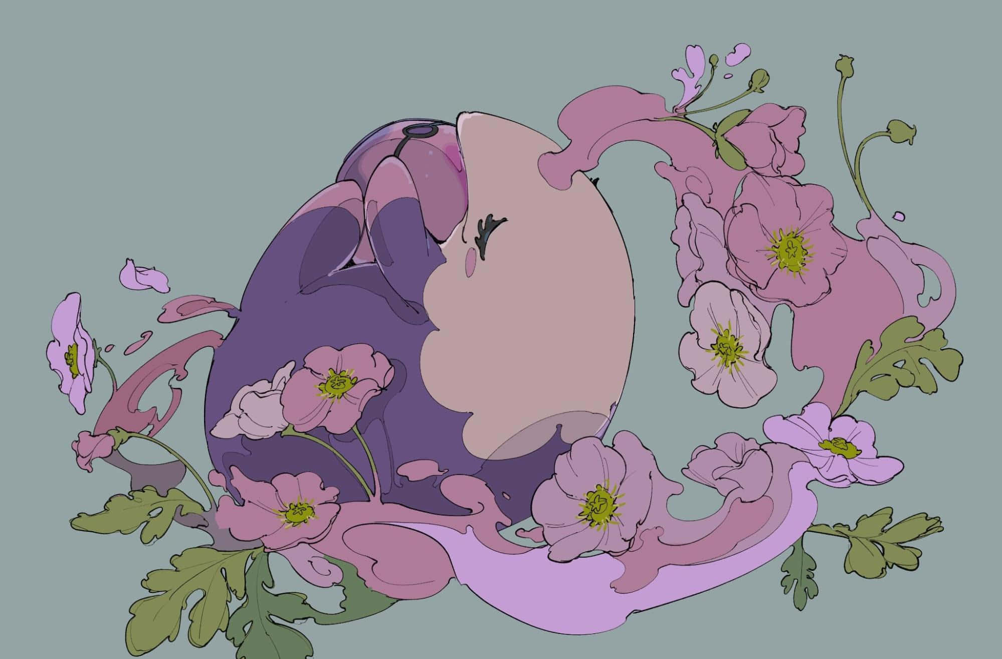 Musharna 與花朵 壁紙 — 一個風格化的紫色生物閉著眼睛，被流動的粉紅色花朵和綠色葉子擁抱著，背景是柔和的青綠色。
