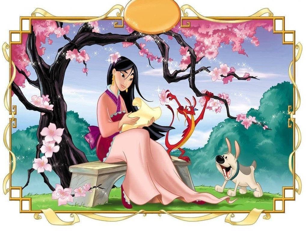 公主在櫻花下拿著卷軸，她的龍和狗在附近。