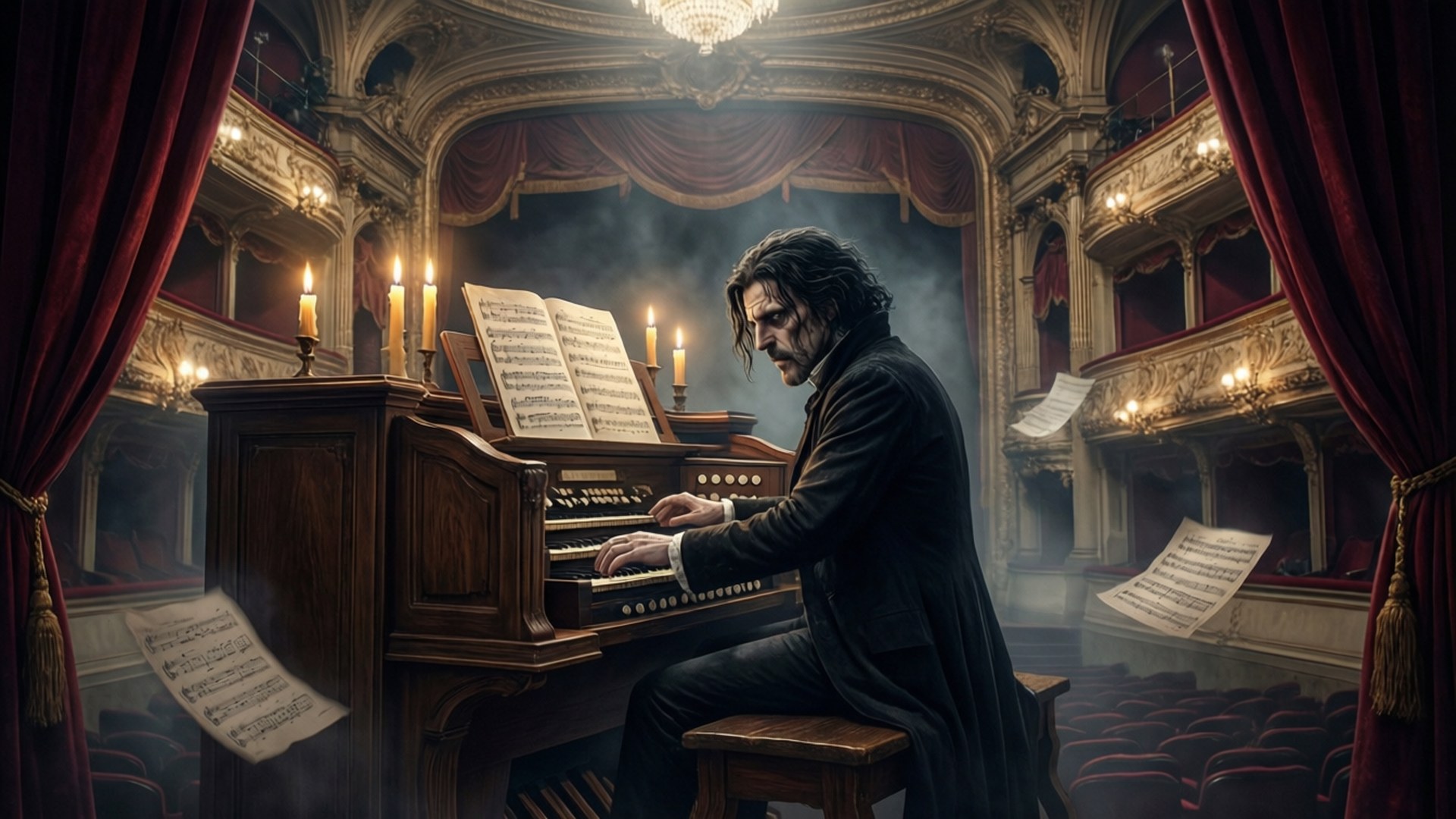 Music of the Night 壁紙 — 一位戲劇性的作曲家在一間燭光閃爍、華麗的劇院中演奏大型管風琴，周圍漂浮著樂譜和紅色天鵝絨窗簾。