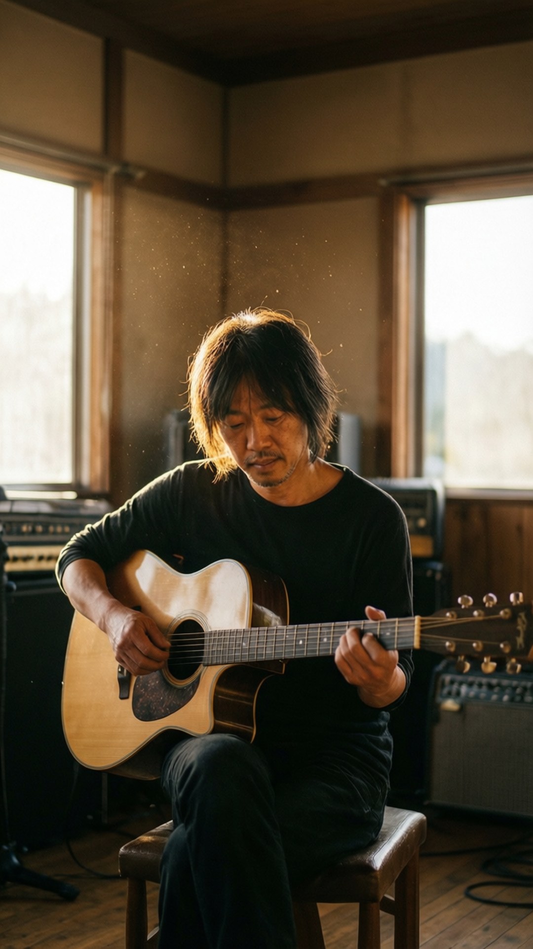男人在木製錄音室彈奏木結他，陽光和灰塵清晰可見