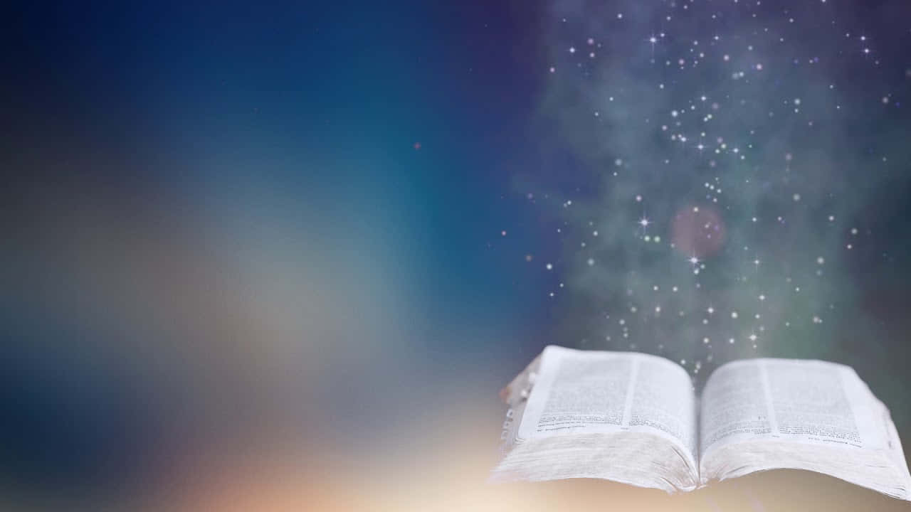 打開的書漂浮著，星星從書頁中升起，散發神秘光芒。