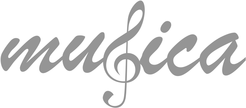 Musica品牌標誌設計 壁紙 — 單詞 musica 以優雅的灰色草書書寫，並用高音譜號代替字母 'u'，背景為黑色。