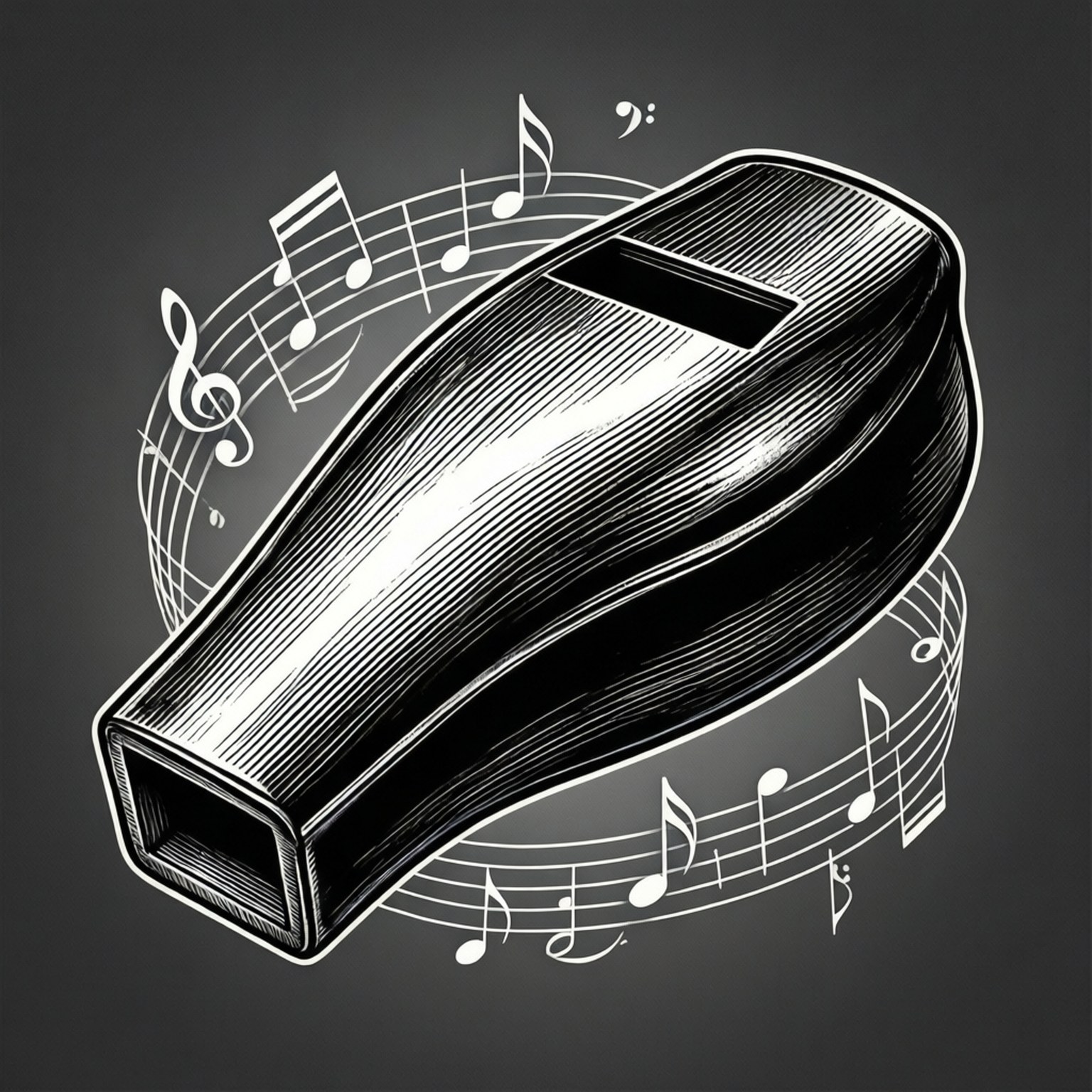 Musical Notes Kazoo 壁紙 — 一個詳細的白色線條畫，描繪一個哨子被旋轉的音符包圍，背景為深灰色。