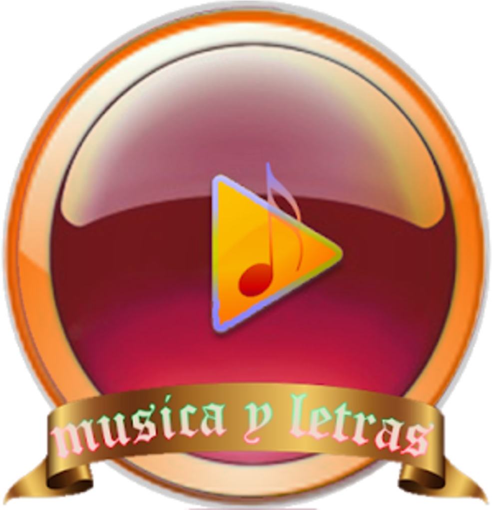 Musicay Letras 標誌 壁紙 — 一個帶有播放按鈕和音符圖標的光澤圓形徽章，位於金色橫幅上方，橫幅上寫著 musica y letras。