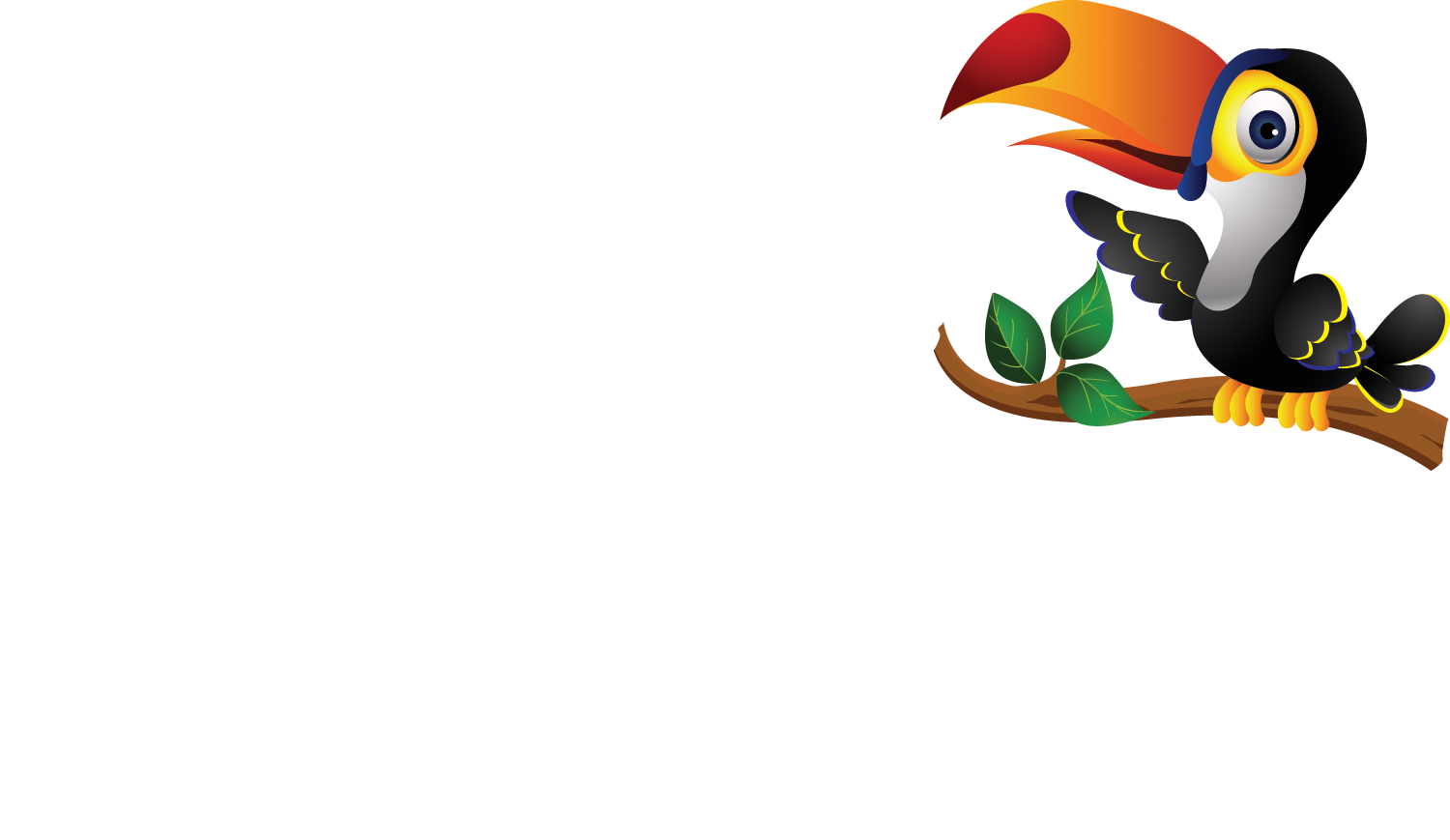 Musik Adventures Studios 標誌 壁紙 — 一隻卡通巨嘴鳥，有著鮮豔的橙色喙，棲息在帶有綠葉的棕色樹枝上，背景是純白色。