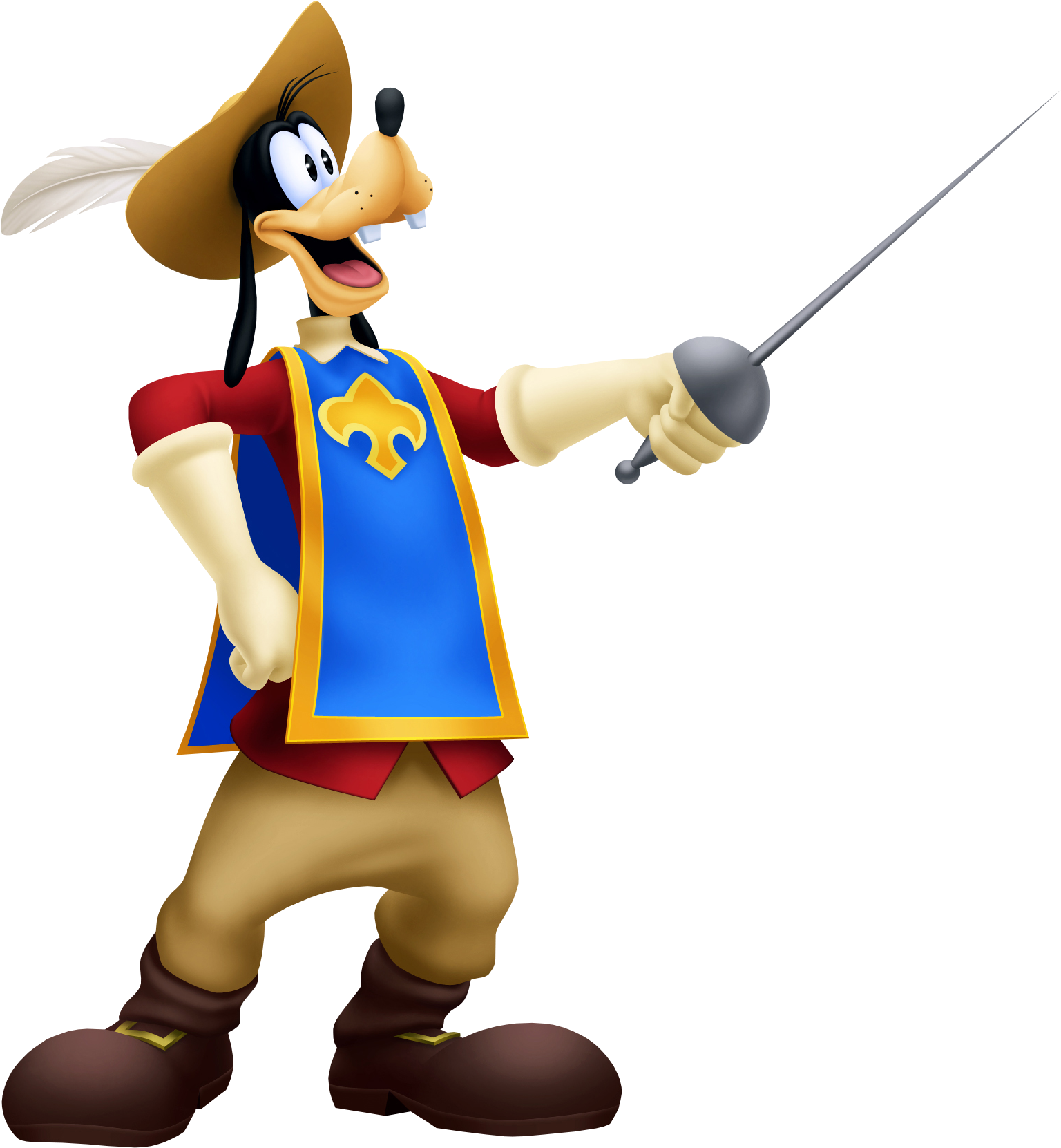 高飛 Musketeer 持劍造型 壁紙 — 高飛穿著騎士服裝，手持劍向前指，表情興奮，背景為黑色。