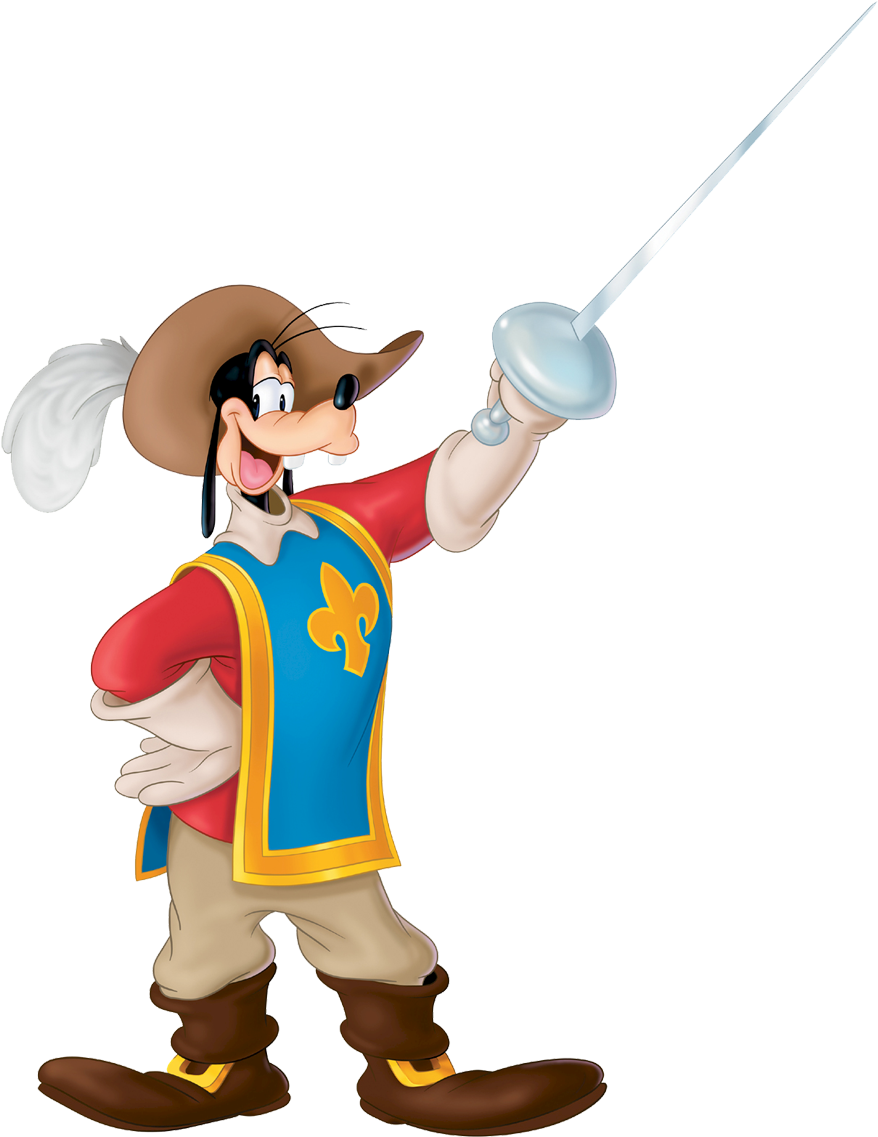 高飛 Musketeer 持劍 壁紙 — 高飛穿著藍色和金色背心，在黑色背景上揮舞著劍，露出愉快的笑容。