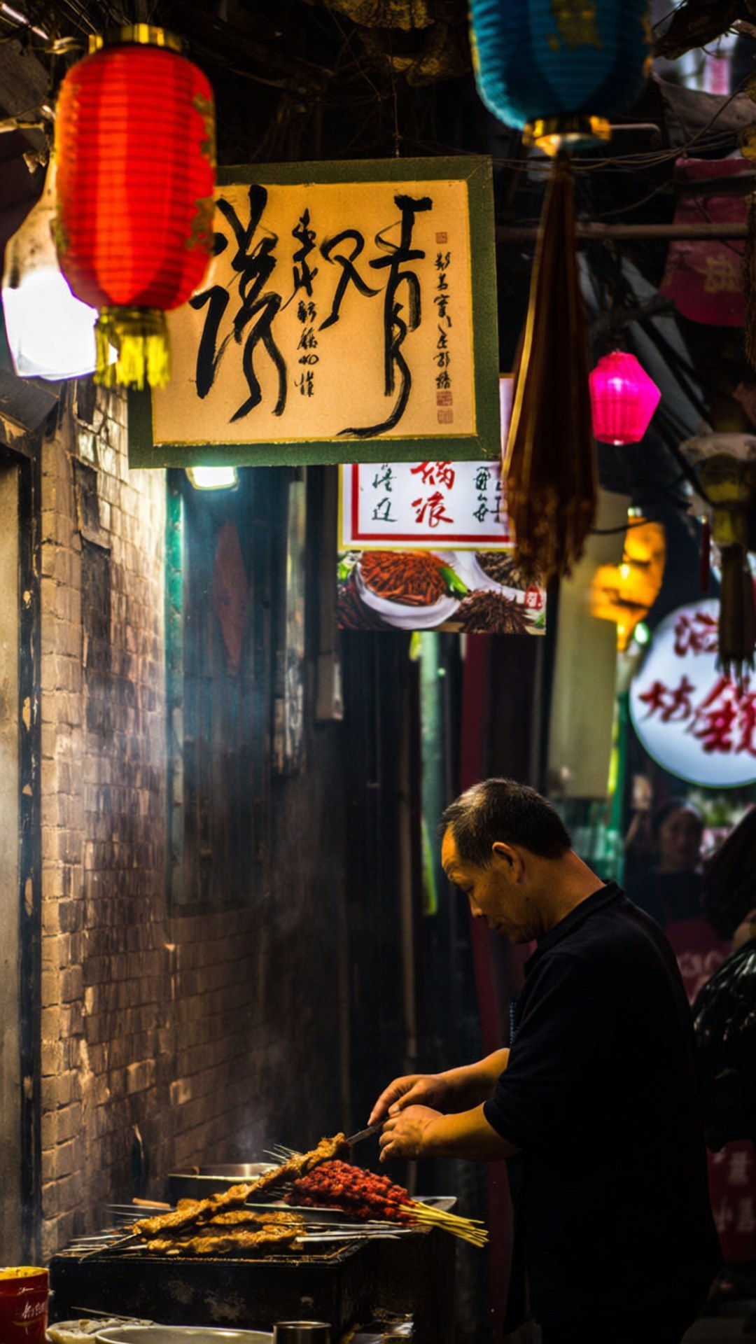 廚師在昏暗的小巷中，在紅燈籠下烤著肉串。
