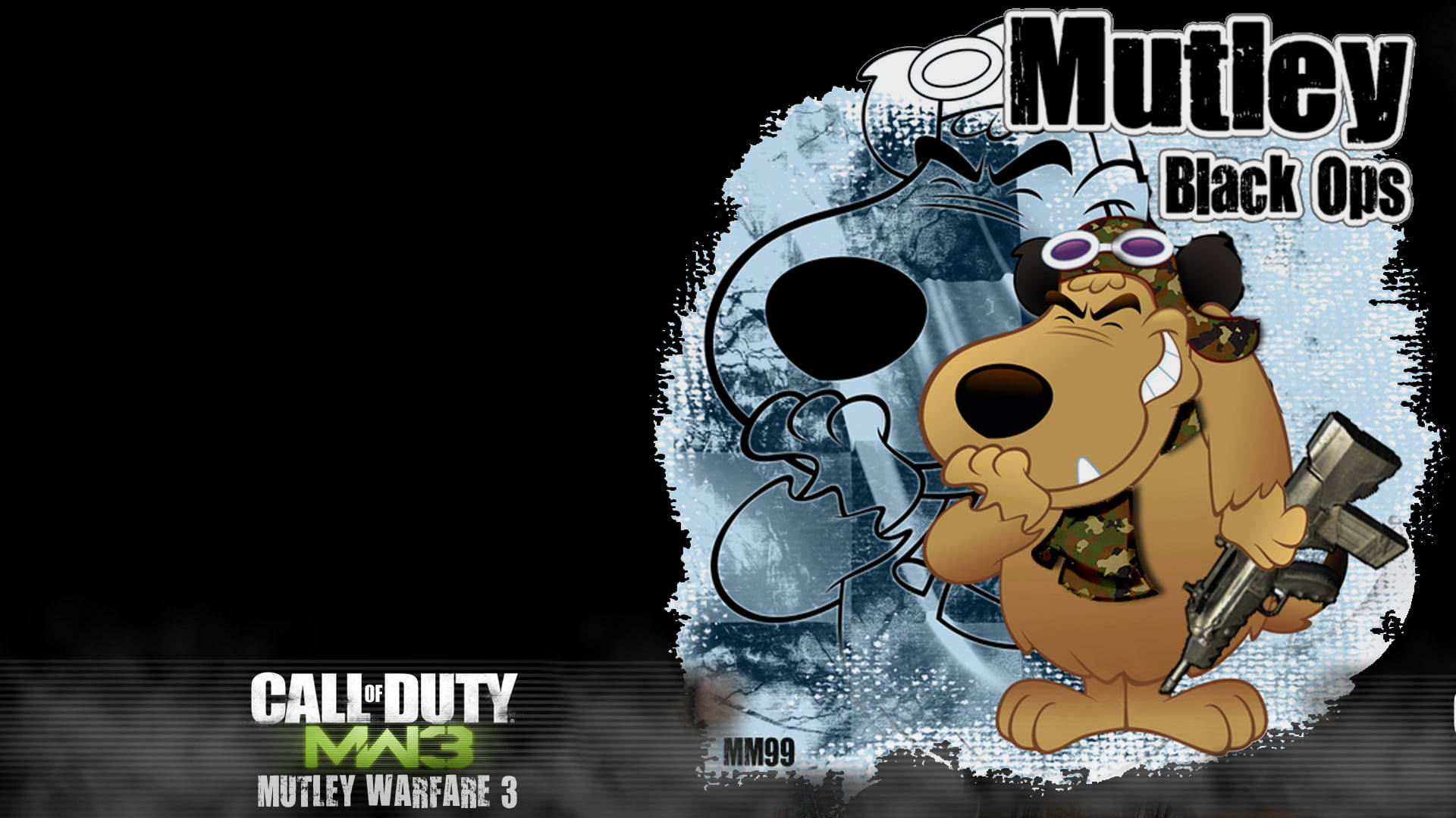 Muttley 在 COD 粉絲藝術作品 壁紙 — 一隻穿著軍裝的卡通狗在骷髏背景下拿著步槍，並帶有「Mutley Black Ops」文字。