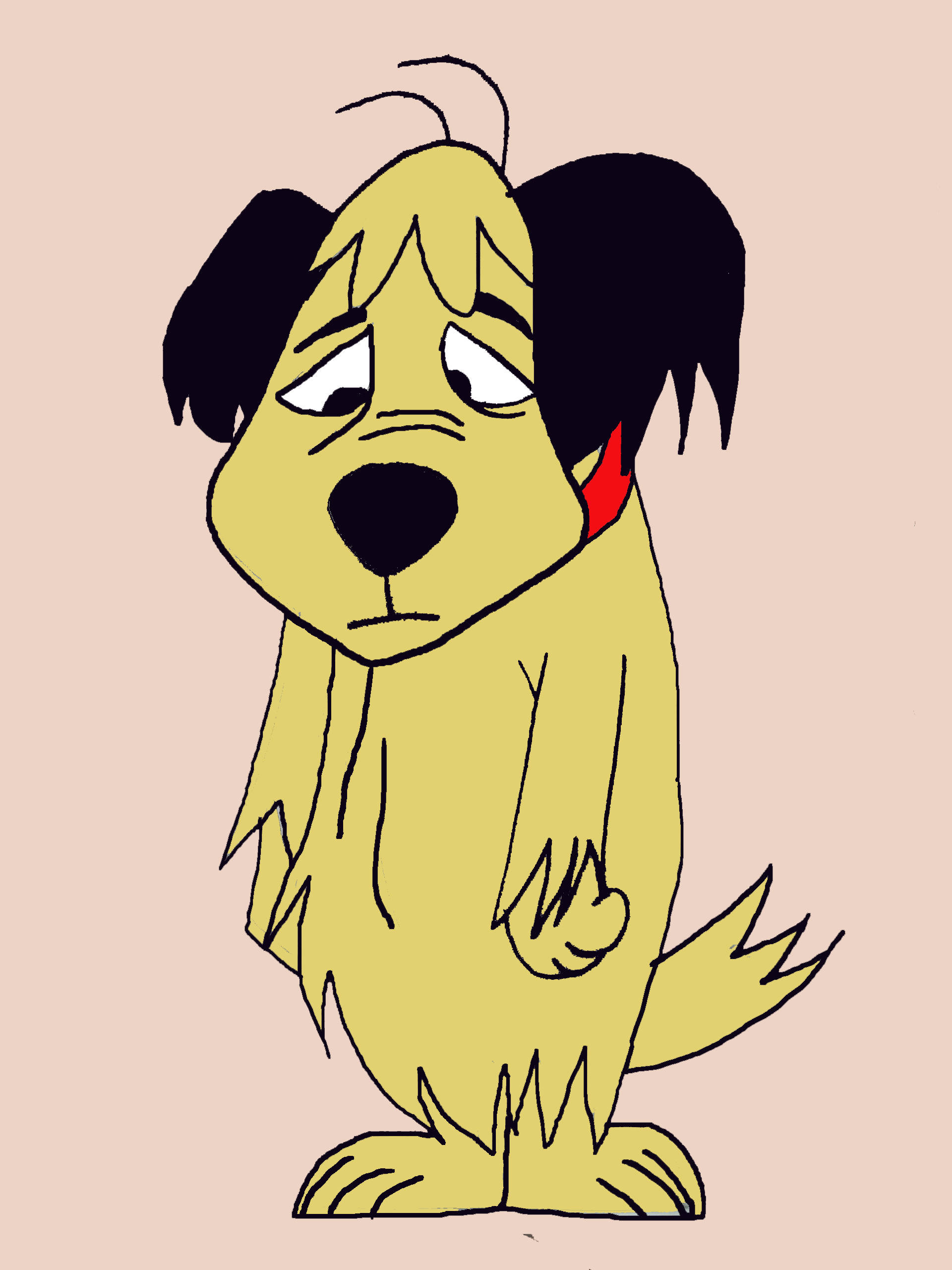 Muttley 簡約數位繪畫 壁紙 — 一隻看起來悲傷的卡通狗，有黃色毛髮和黑色耳朵，坐在淡粉紅色的背景前。
