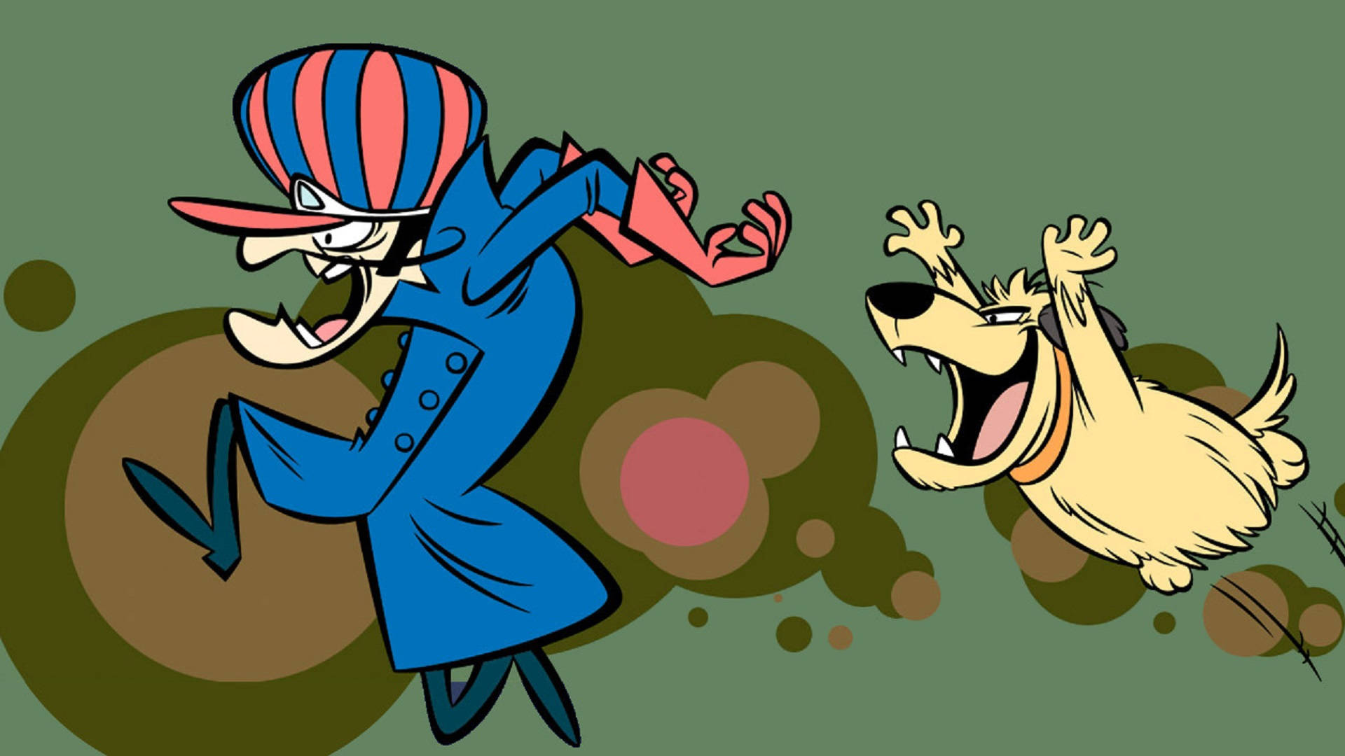 Muttley 與 Dastardly 向量藝術 壁紙 — 一個穿著藍色外套和條紋帽子的卡通男人在綠色背景上有棕色圓圈的情況下追逐一隻大笑的黃狗。