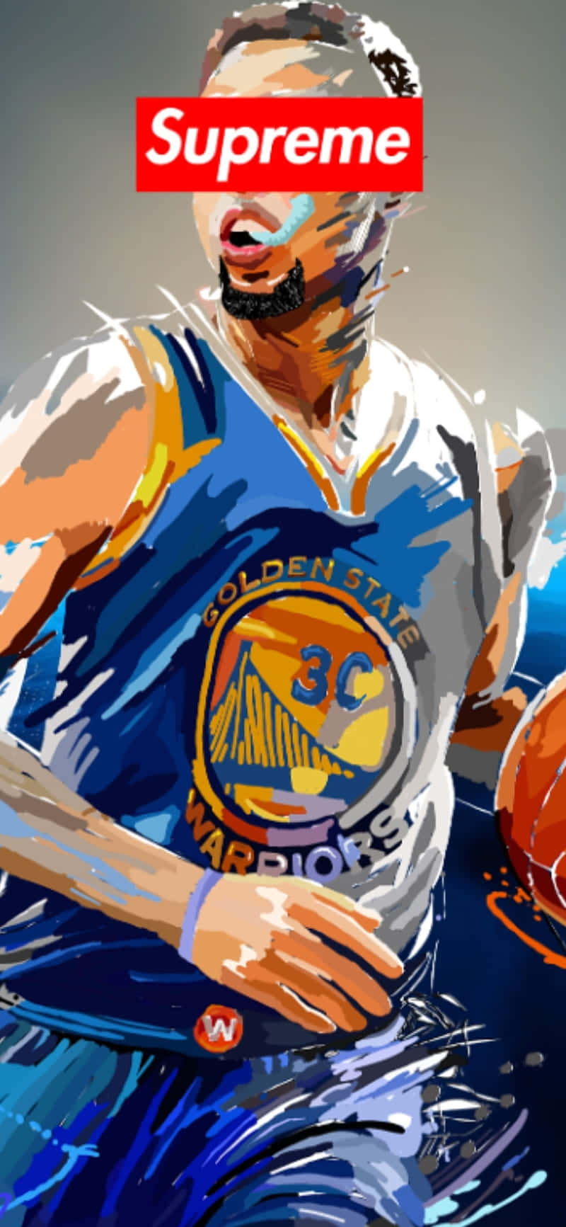 史蒂芬·柯瑞，MVP！ 壁紙 — 一件風格化的數碼藝術作品，描繪一位身穿金州勇士隊球衣的籃球運動員，手持一個帶有Supreme標誌覆蓋的籃球。