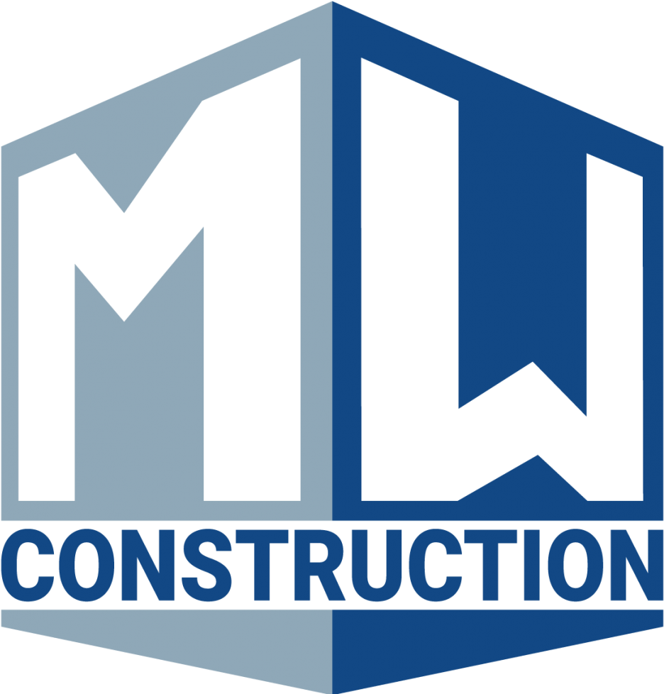 MW 建築公司標誌設計 壁紙 — 一個大膽的3D標誌，黑色字母MW位於藍色和灰色的立方體內，下方有construction一詞。