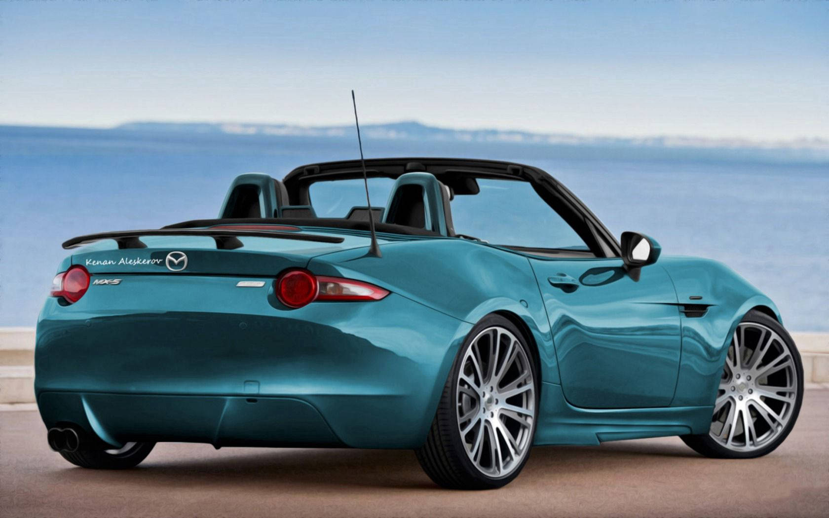 藍色馬自達MX-5後視圖 壁紙 — 一輛青綠色開篷跑車配備訂製輪圈，停泊在海洋旁邊，天空清澈湛藍。