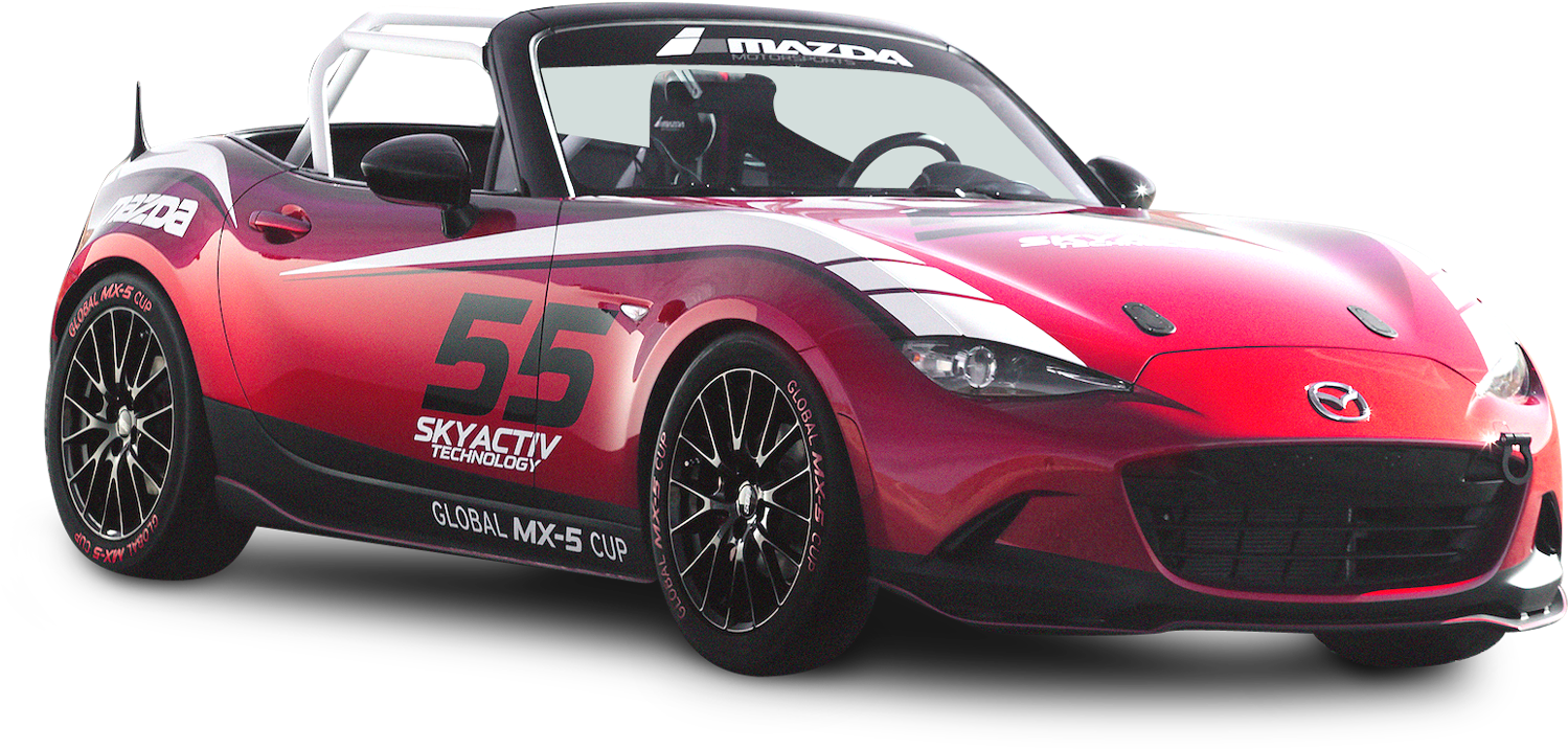 紅色馬自達MX-5賽車版 壁紙 — 一輛鮮紅色的萬事得MX-5賽車，帶有55號碼和'Global MX-5 Cup'貼紙，在純黑色背景前準備好比賽。