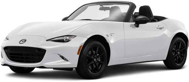 白色馬自達MX-5 Miata敞篷跑車 壁紙 — 一輛時尚的白色Mazda MX-5 Miata開篷跑車，帶有黑色飾邊和軟頂，在透明背景上以側面展示。