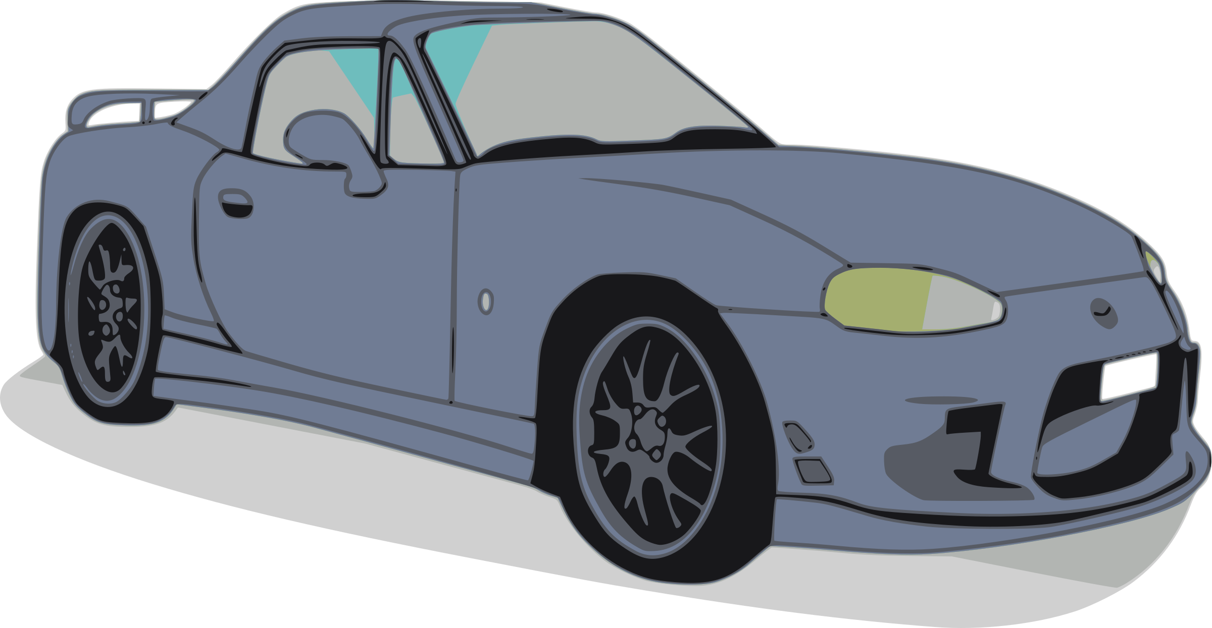 馬自達MX-5插畫 壁紙 — 一輛時尚的灰色跑車，配有黑色輪圈和黃色車頭燈，以風格化插圖顯示在純色背景上。