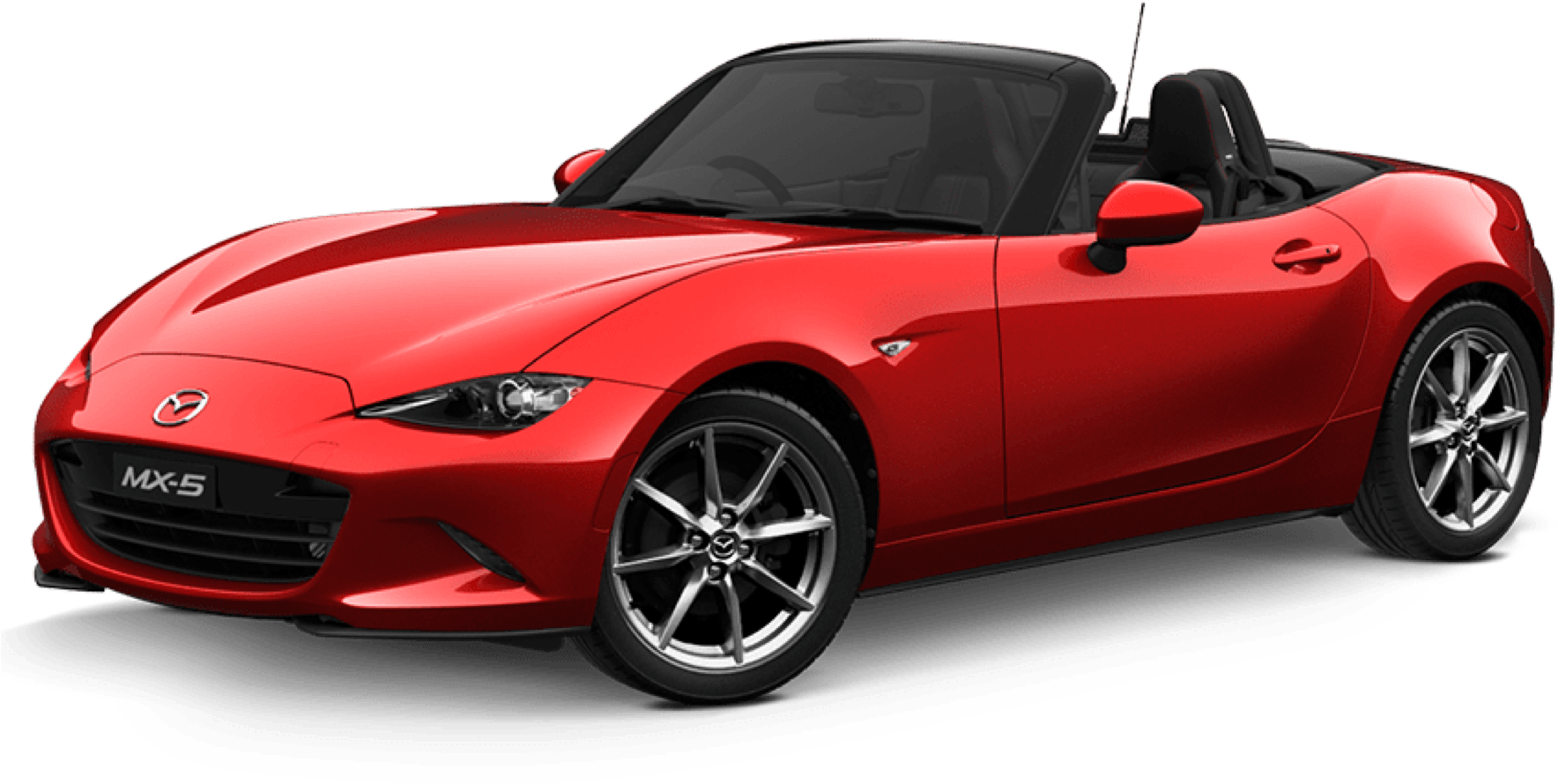 紅色馬自達MX-5敞篷跑車2023 壁紙 — 一輛光澤的紅色萬事得MX-5 Miata開篷跑車，配黑色軟頂和銀色合金輪圈。