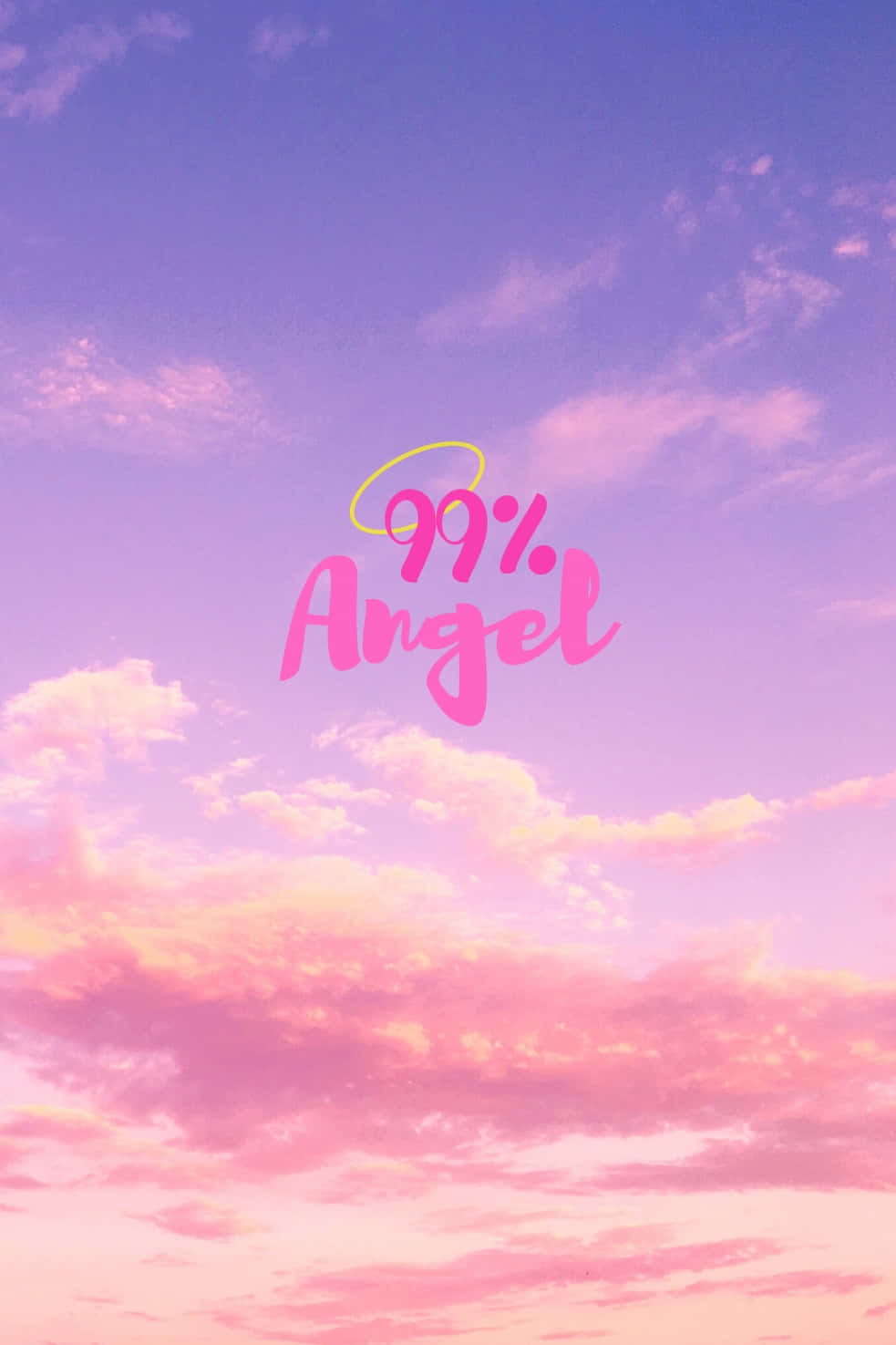 My Angel 粉紅 Y2K 背景 壁紙 — 粉紅色和紫色的日落天空，有蓬鬆的雲朵和粉紅色草書文字寫著 99% Angel，帶有黃色光環。