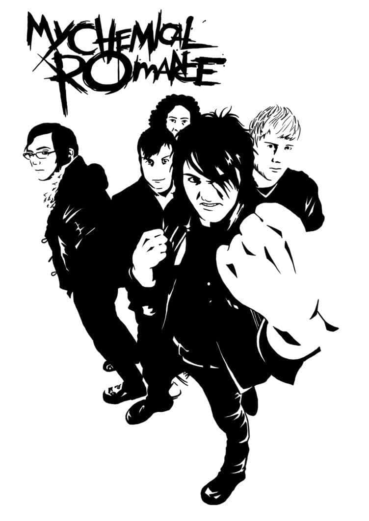 my chemical romance 桌布 壁紙 — My Chemical Romance 樂團的高對比黑白插圖，上方有粗體塗鴉風格字樣。