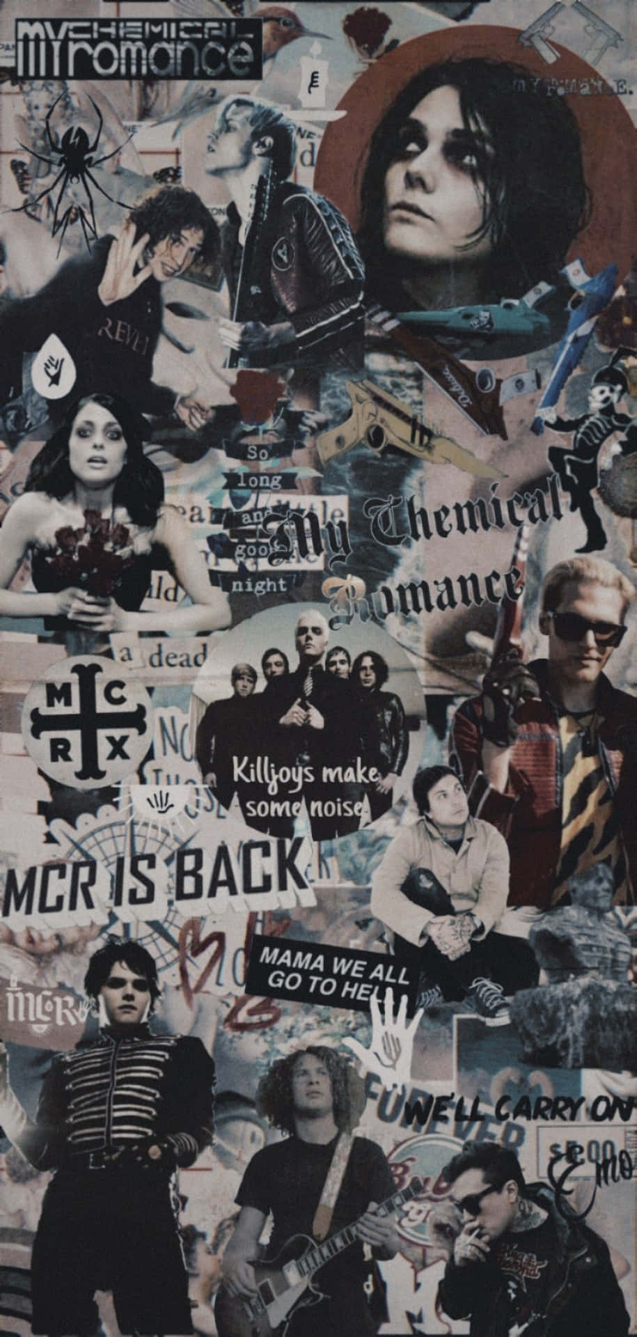 My Chemical Romance 樂團拼貼，歌詞和標誌以黑白紅呈現。