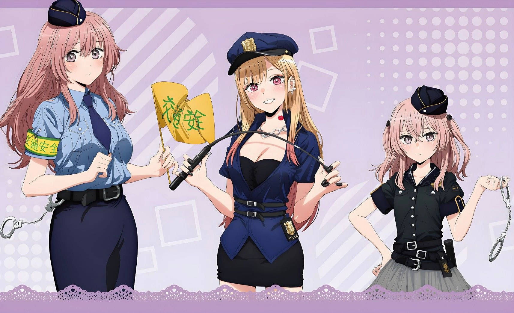 三名動漫女孩打扮成警察，手持手銬和旗幟。