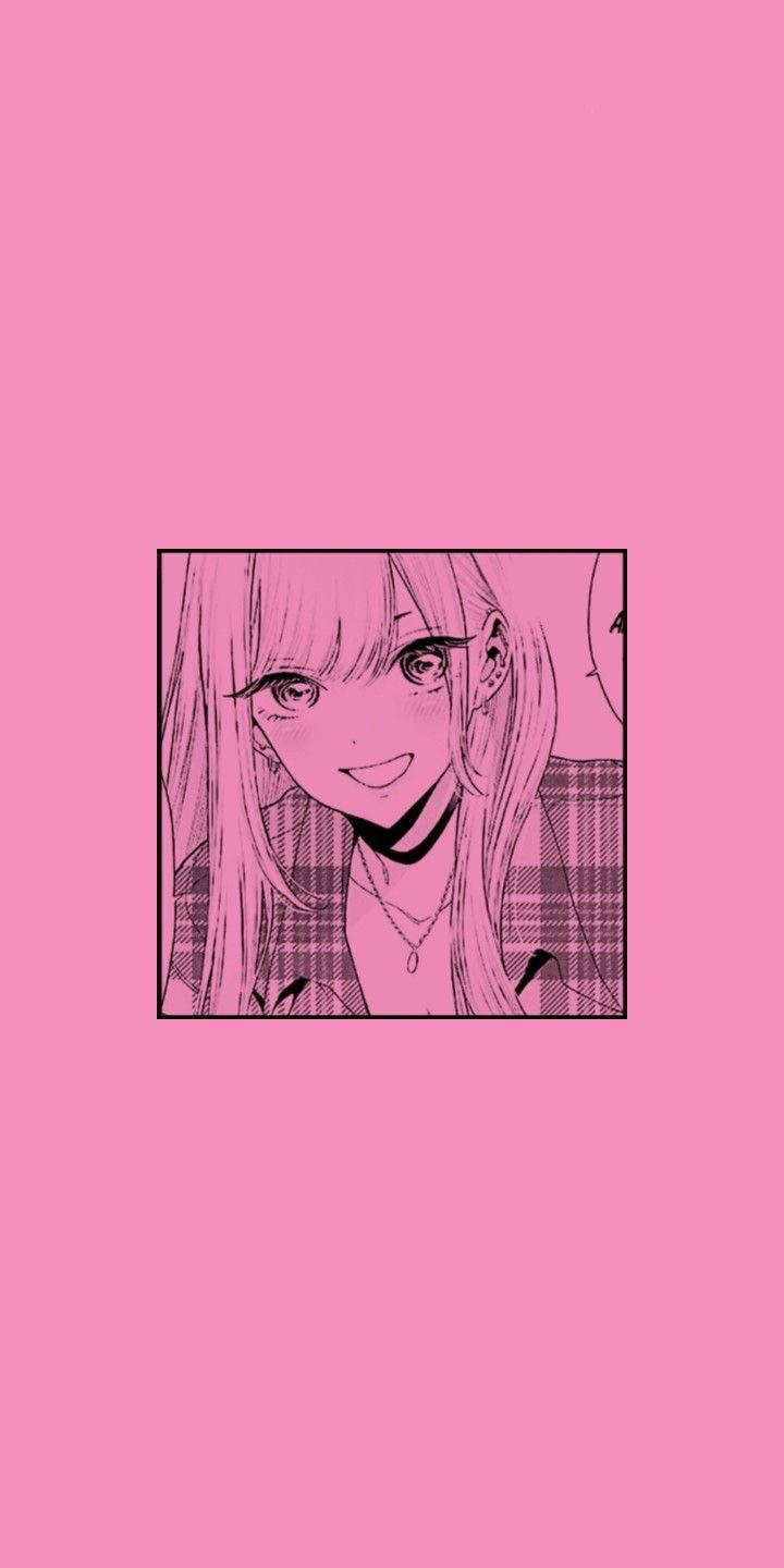 長髮動漫女孩在粉紅色漫畫面板中微笑。